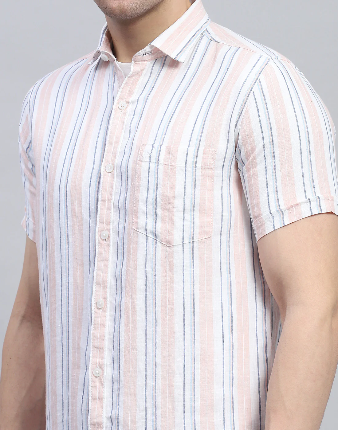 Men Peach Stripe Spread Collar Half Sleeve Linen Shirt - Image 7