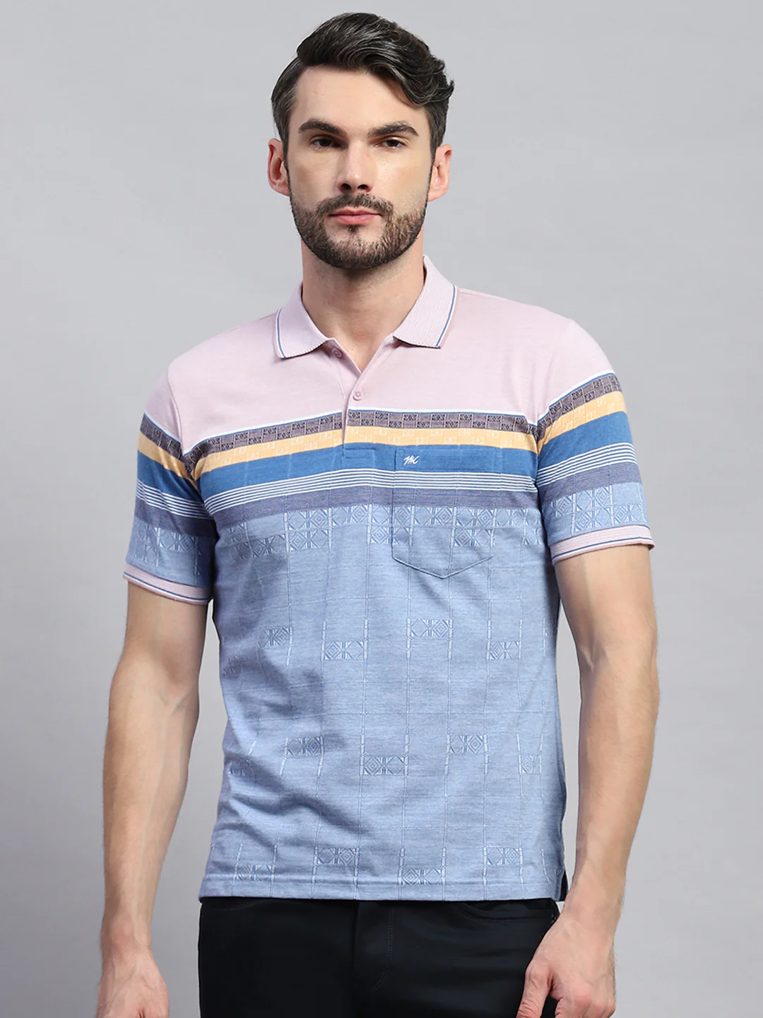 Men Pink & Blue Stripe Collar Half Sleeve T-Shirt - Image 2