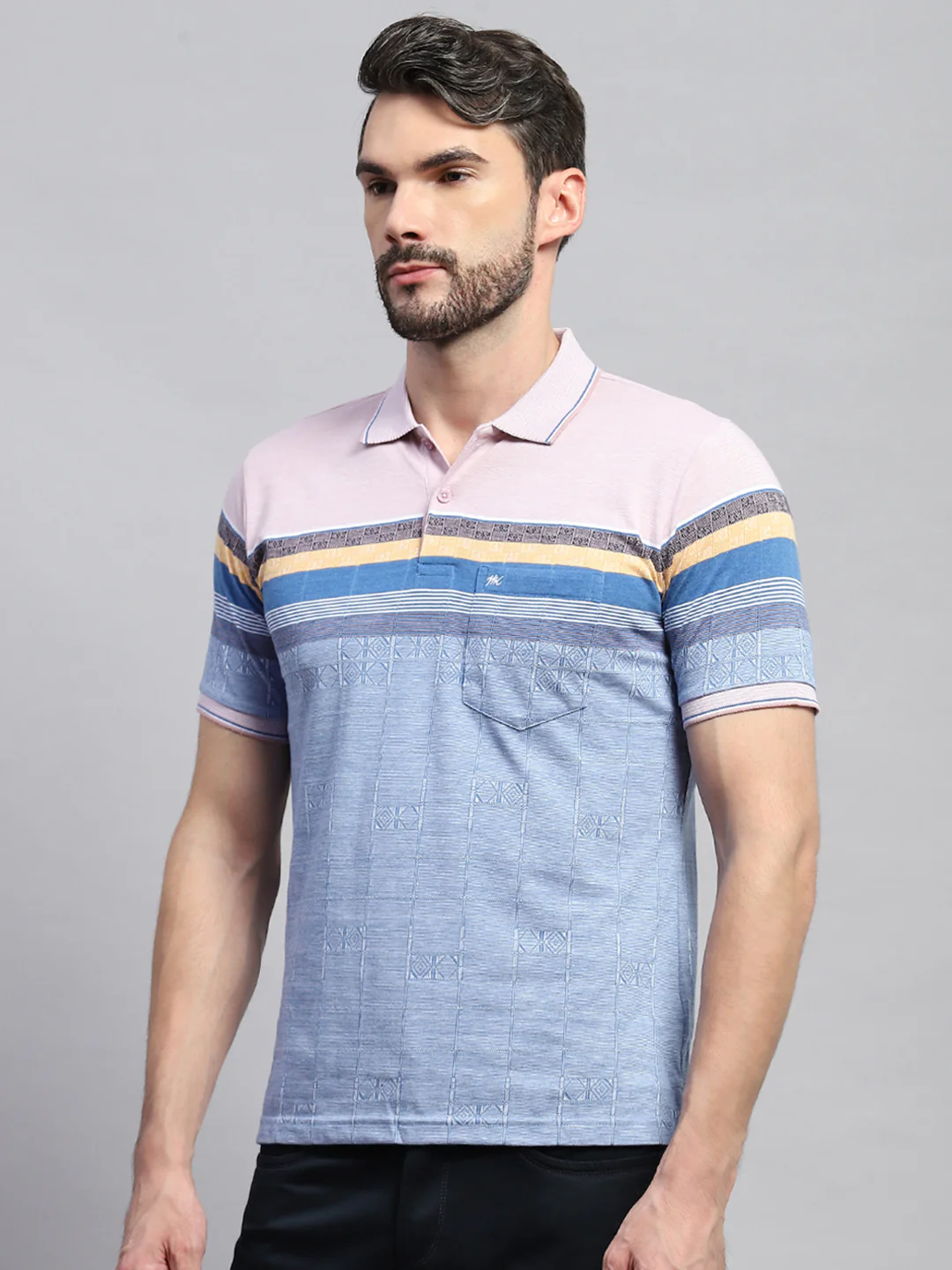 Men Pink & Blue Stripe Collar Half Sleeve T-Shirt - Image 3