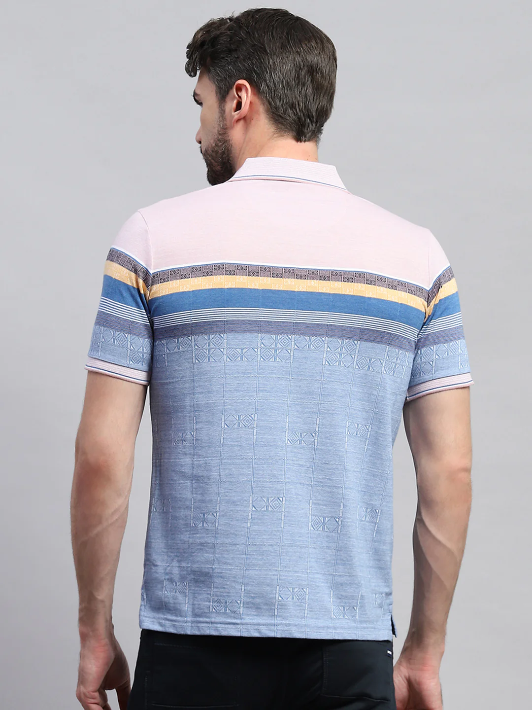 Men Pink & Blue Stripe Collar Half Sleeve T-Shirt - Image 5