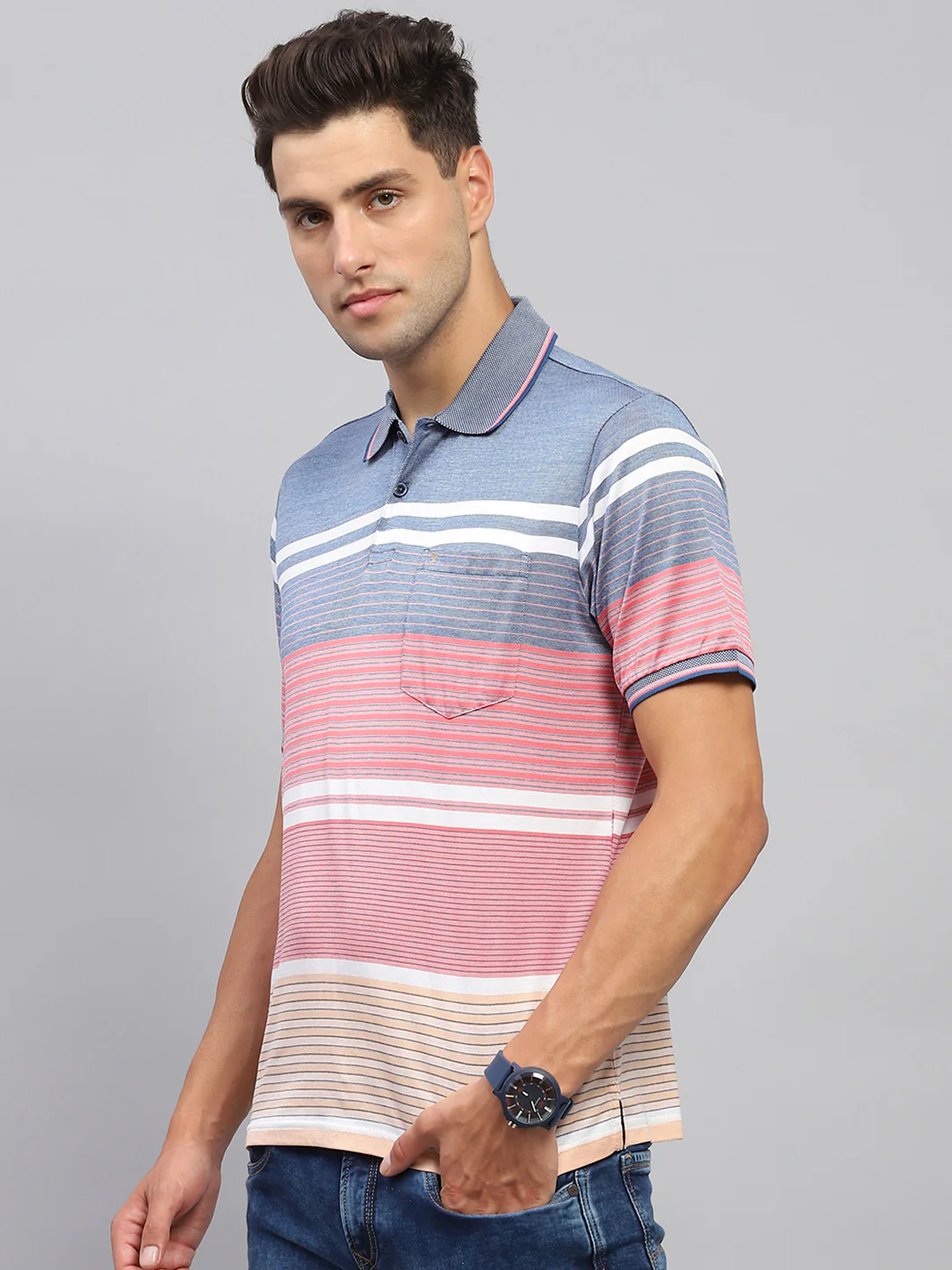 Men Pink & Blue Stripe Collar Half Sleeve T-Shirt - Image 3