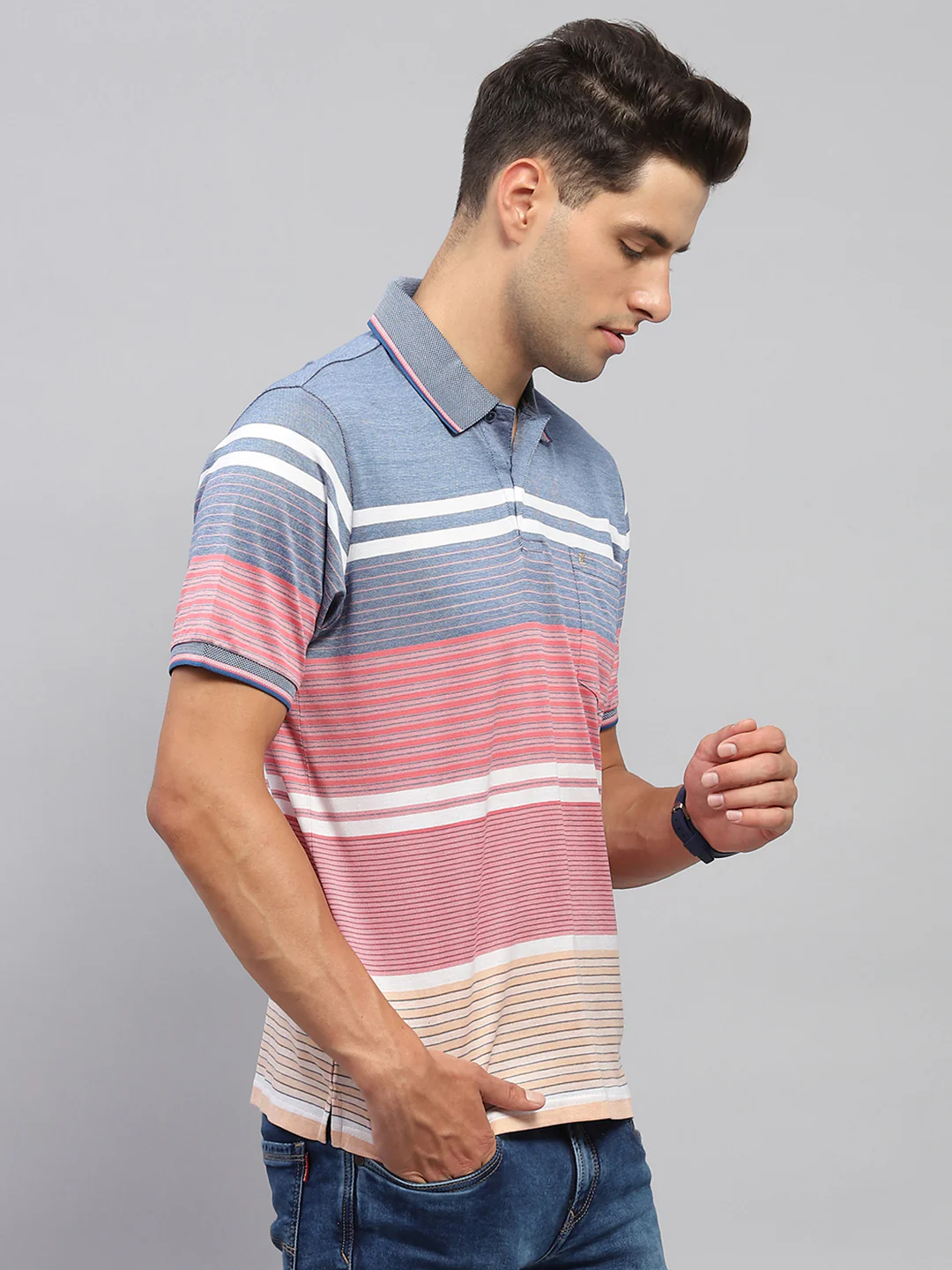 Men Pink & Blue Stripe Collar Half Sleeve T-Shirt - Image 4