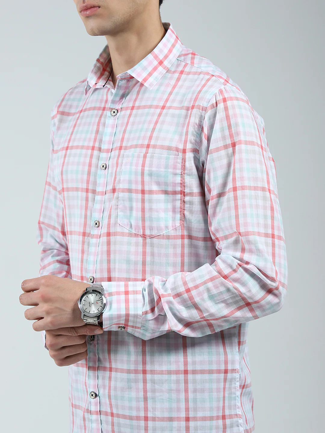 Men Pink Check Collar Full Sleeve Shirt - Image 7
