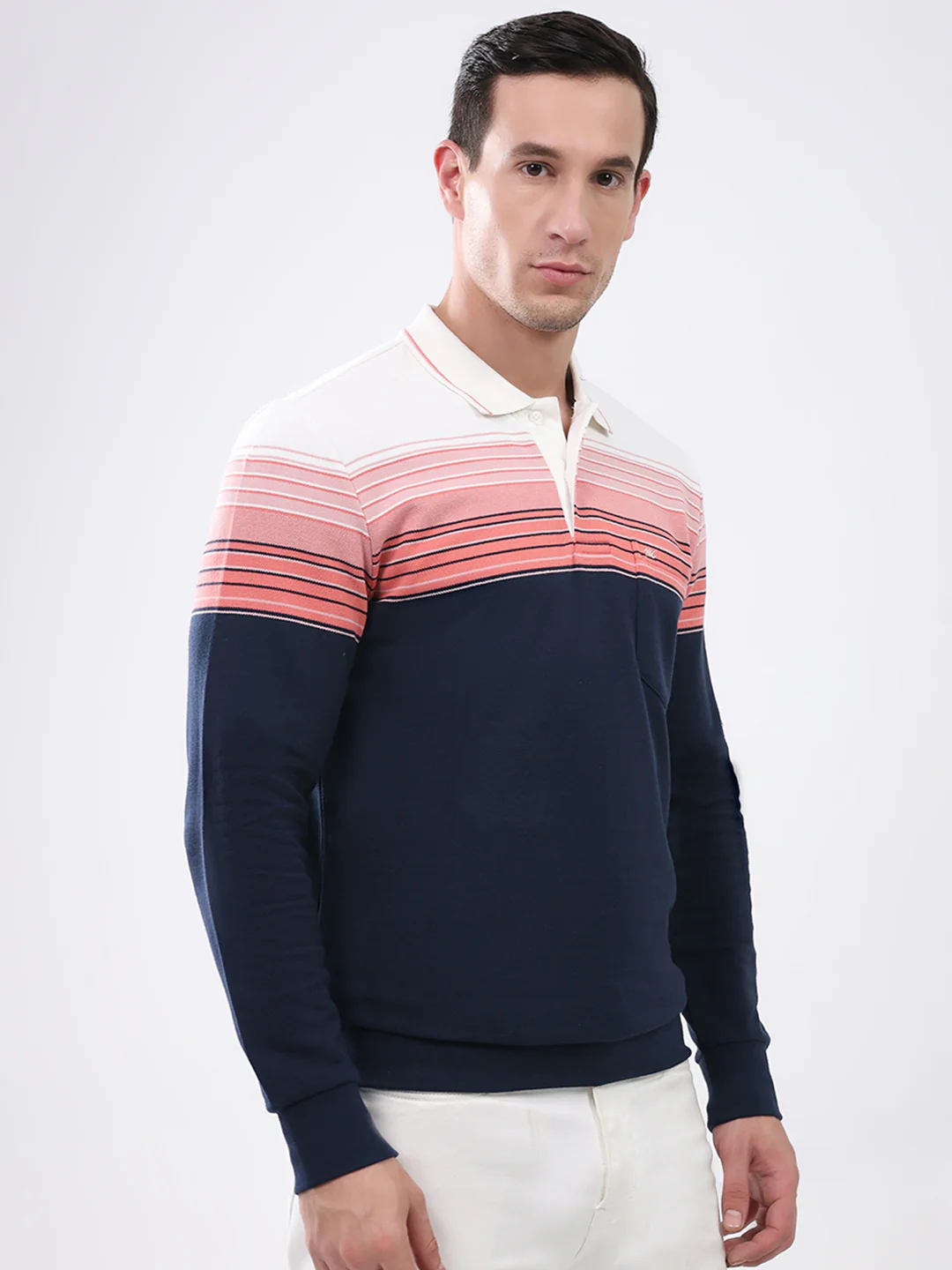 Men Pink & Navy Blue Stripe Collar Full Sleeve Winter T-Shirt - Image 4