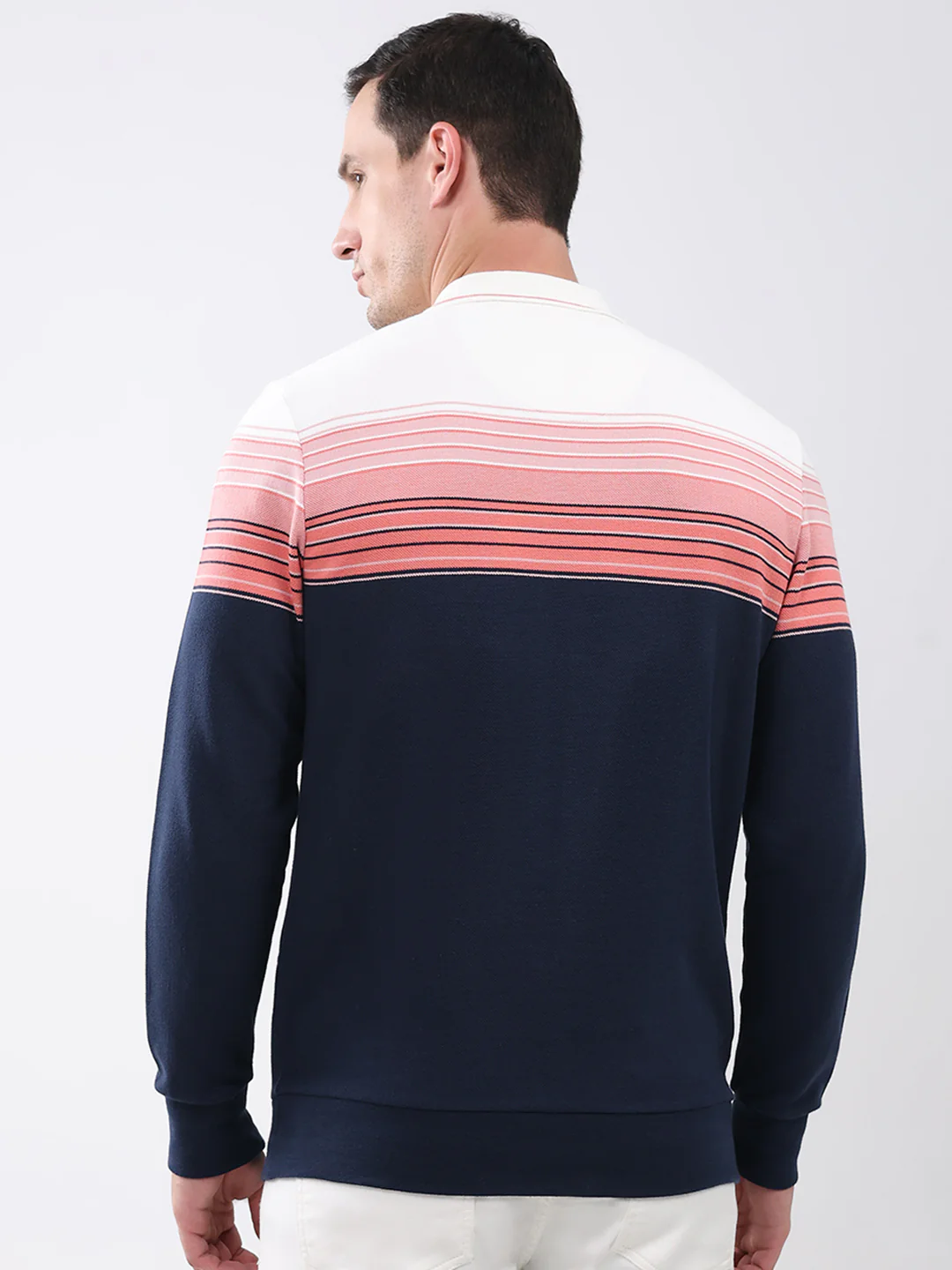 Men Pink & Navy Blue Stripe Collar Full Sleeve Winter T-Shirt - Image 5