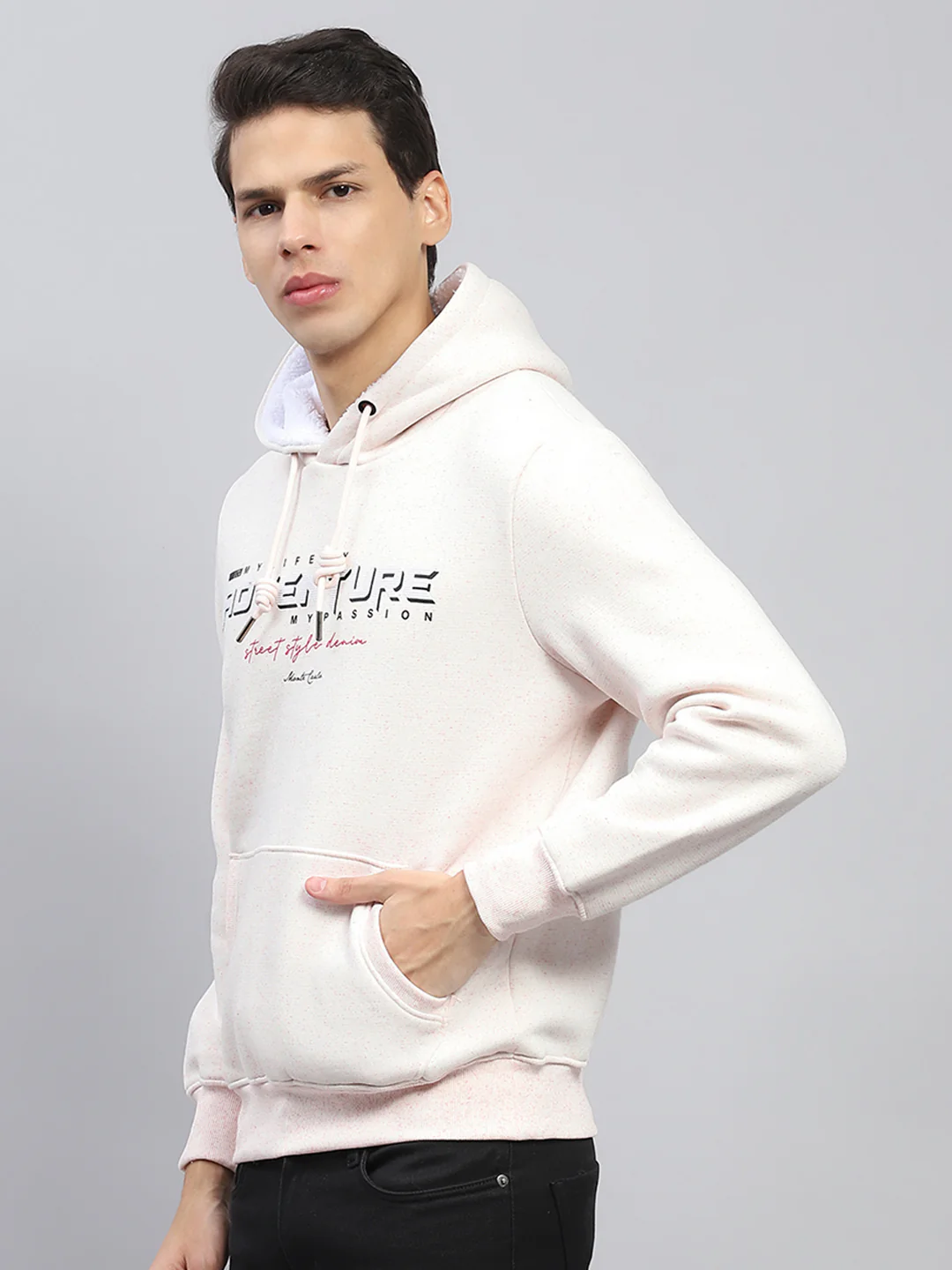 Men Pink Printed Hooded Full Sleeve Sweatshirt - Image 3