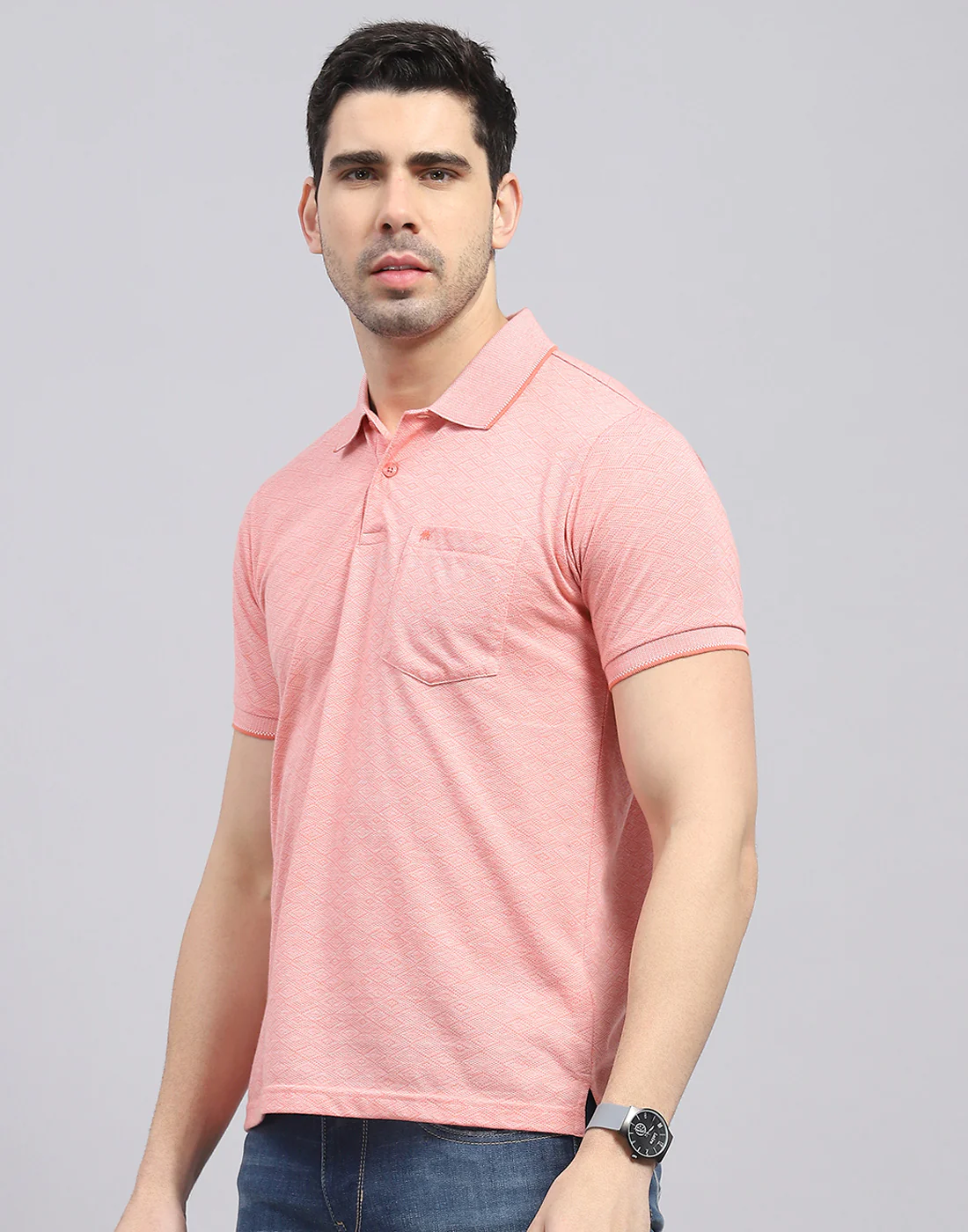 Men Pink Printed Polo Collar Half Sleeve T-Shirt - Image 3