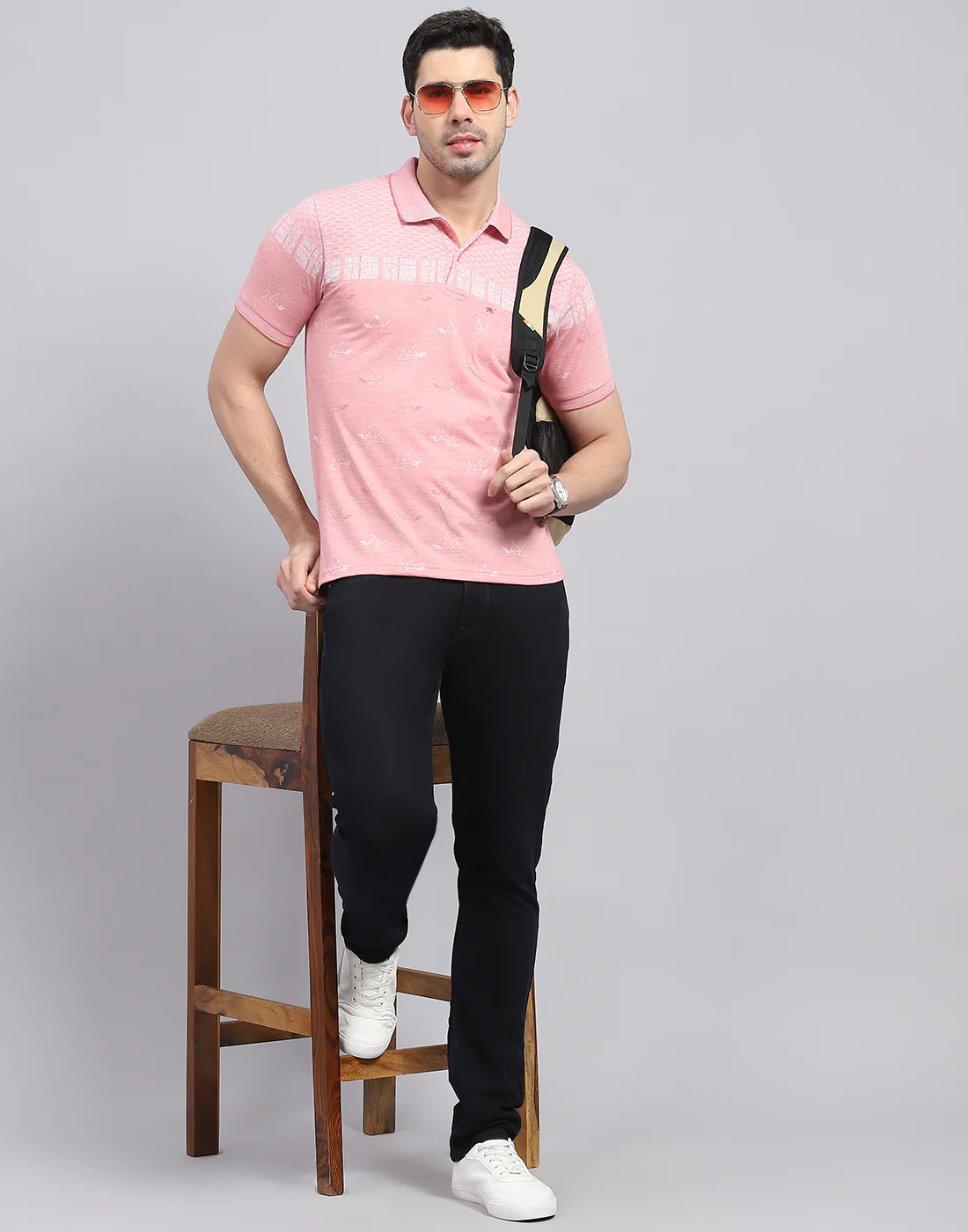 Men Pink Printed Polo Collar Half Sleeve T-Shirt - Image 2