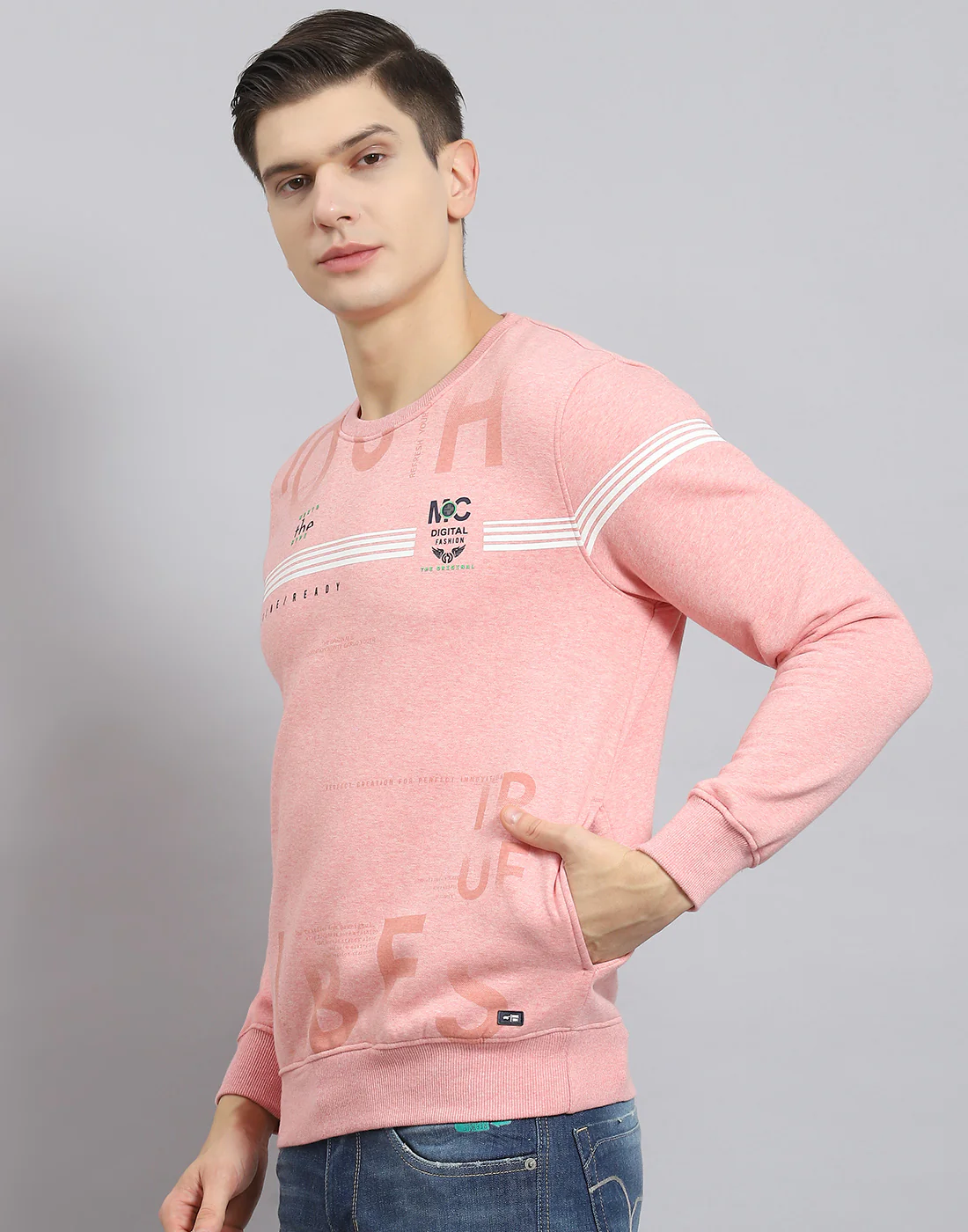 Men Pink Printed Round Neck Full Sleeve Sweatshirt - Image 4