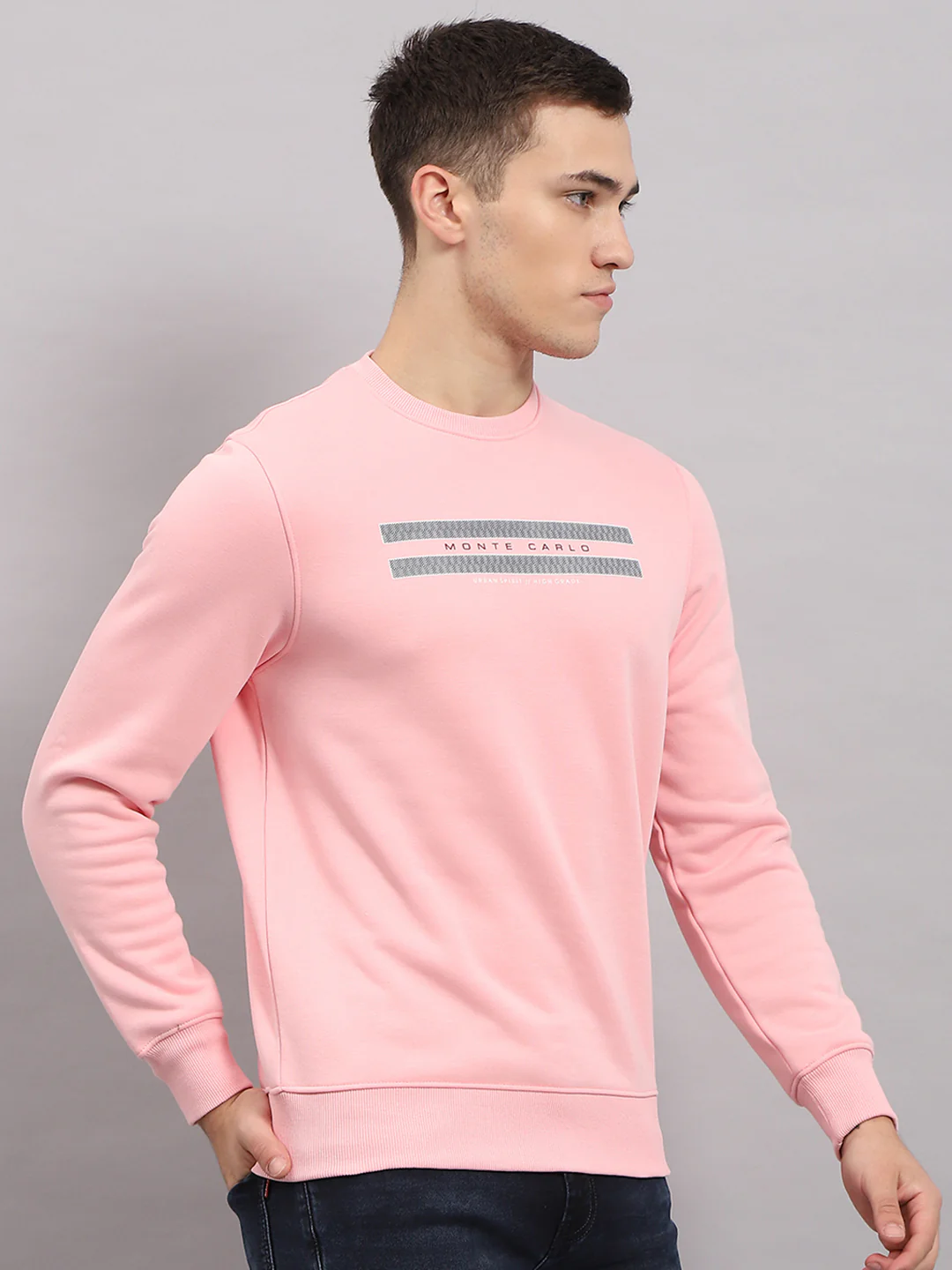 Men Pink Printed Round Neck Full Sleeve Sweatshirt - Image 4