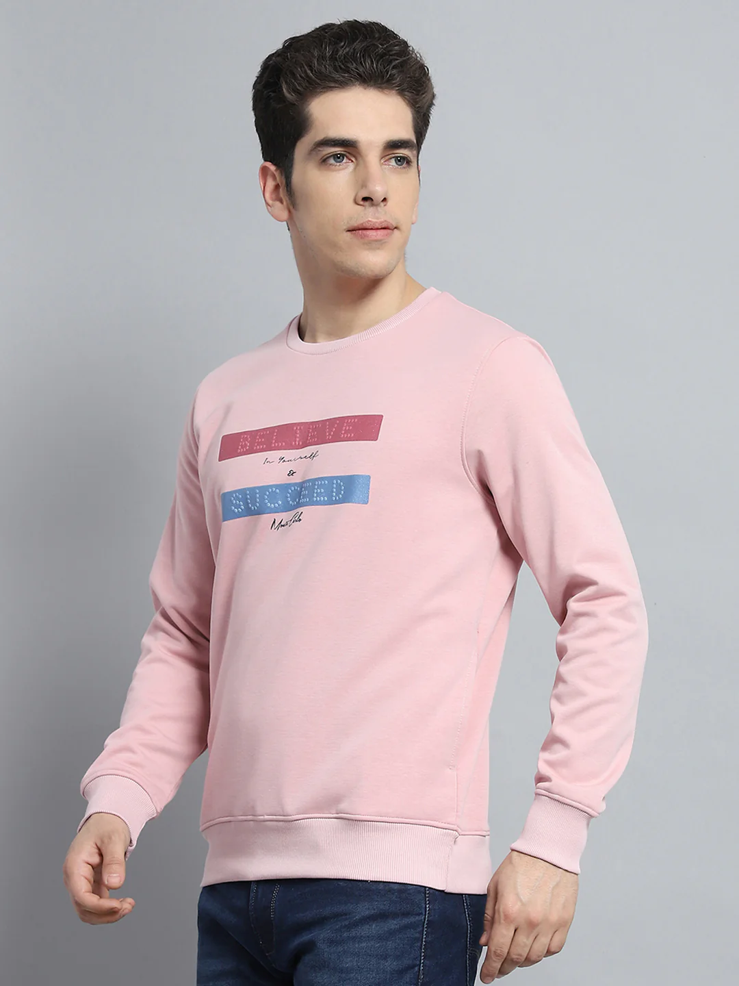 Men Pink Printed Round Neck Full Sleeve Sweatshirt - Image 3