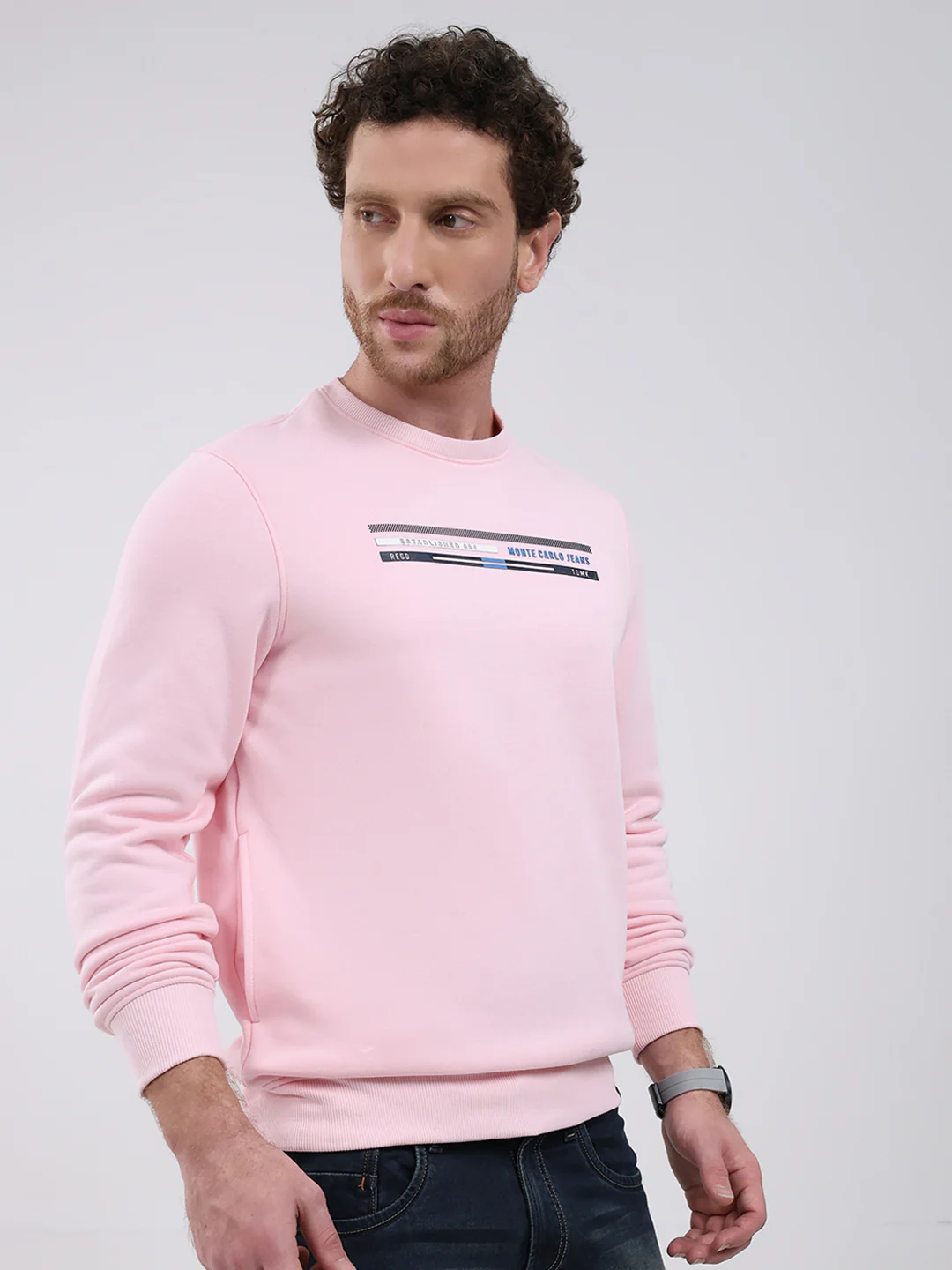 Men Pink Printed Round Neck Full Sleeve Sweatshirt - Image 4