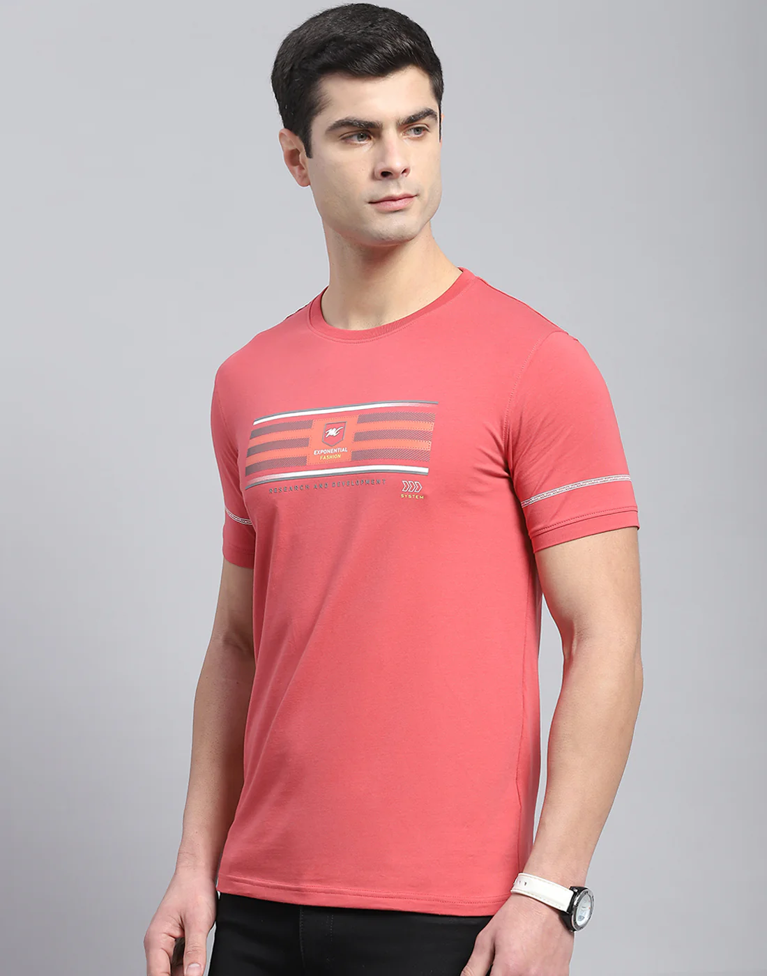 Men Pink Printed Round Neck Half Sleeve T-Shirt - Image 4