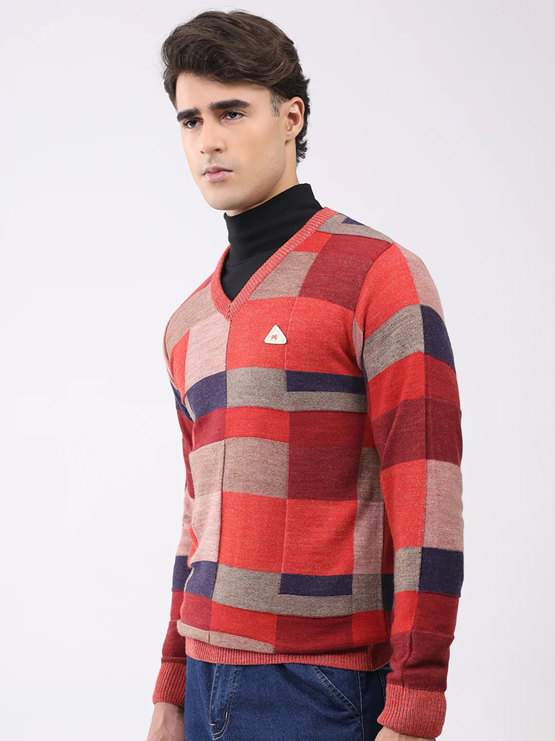 Men Pink Printed V Neck Full Sleeve Pullover - Image 3