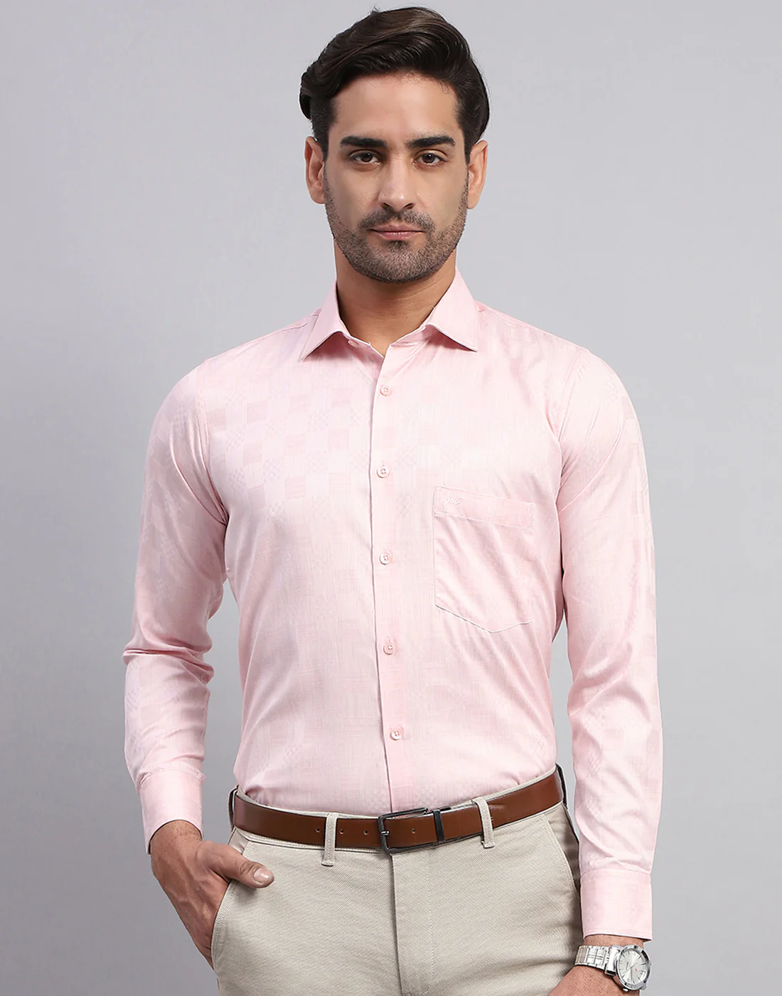 Men Pink Self Design Collar Full Sleeve Shirt - Image 2