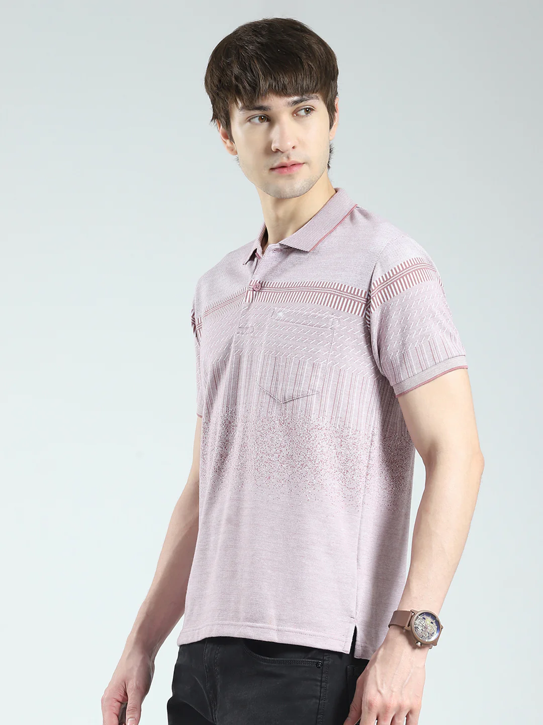 Men Pink Self Design Collar Half Sleeve T-Shirt - Image 3