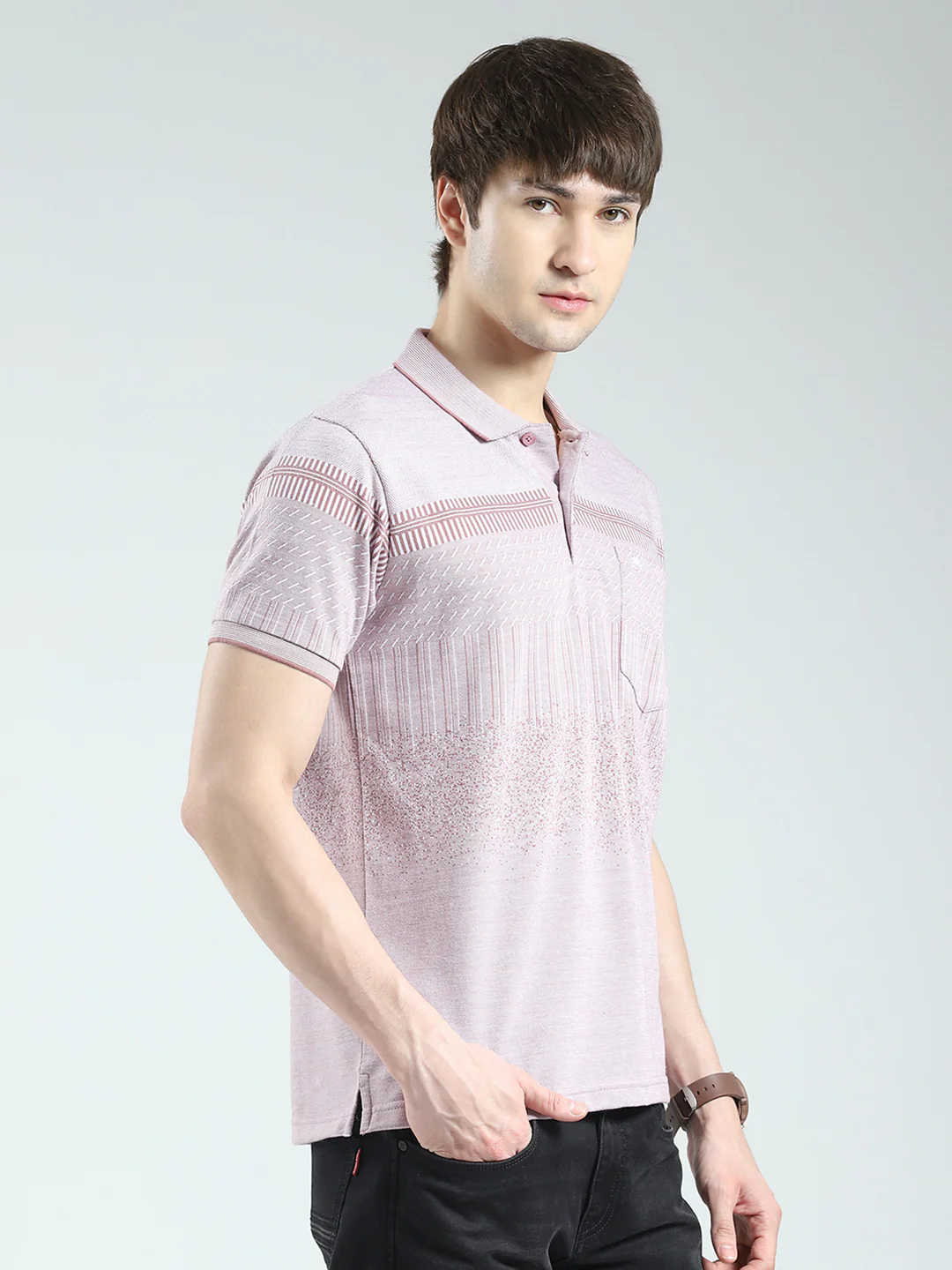 Men Pink Self Design Collar Half Sleeve T-Shirt - Image 4