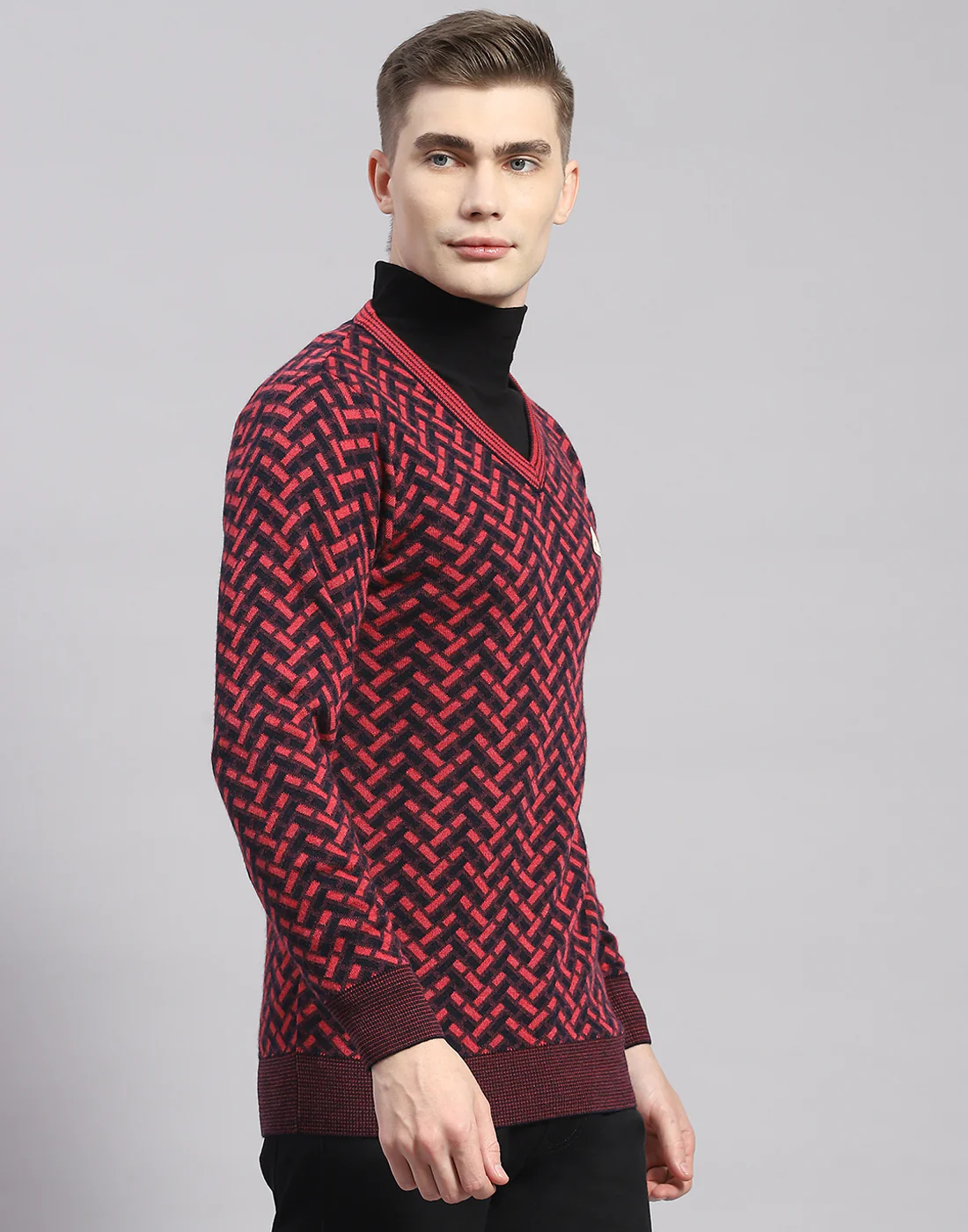 Men Pink Self Design V Neck Full Sleeve Pullover - Image 4