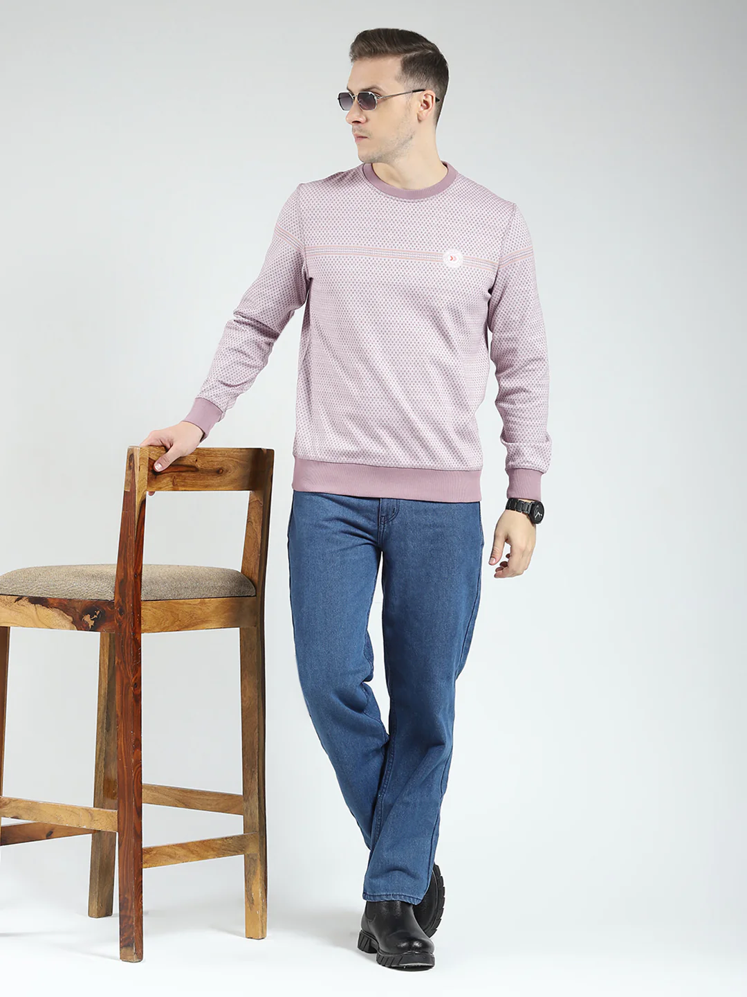 Men Pink Self Design Round Neck Full Sleeve Reversible Winter T-Shirt - Image 2