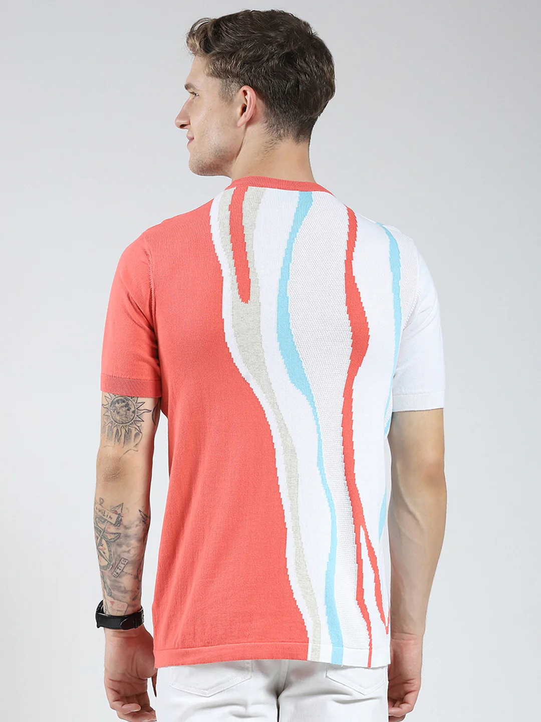 Men Pink Self Design Round Neck Half Sleeve T-Shirt - Image 5