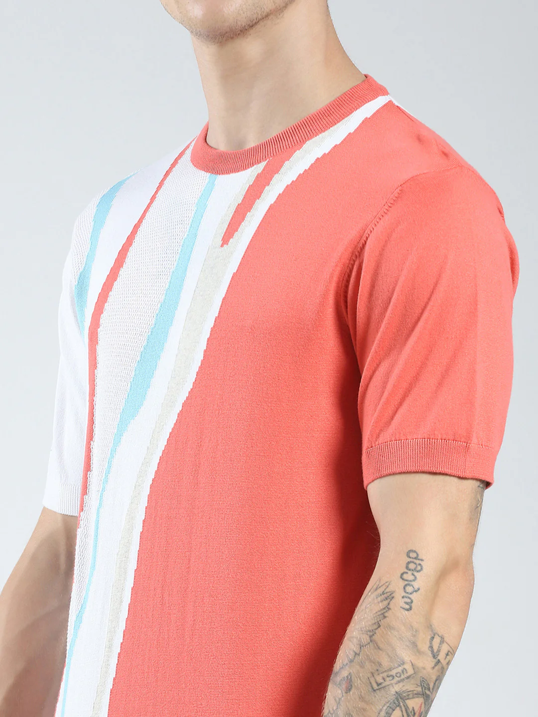Men Pink Self Design Round Neck Half Sleeve T-Shirt - Image 6