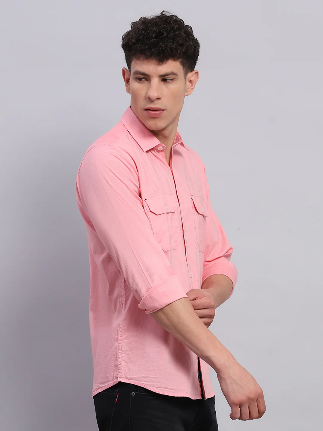 Men Pink Solid Collar Full Sleeve Shirt - Image 4