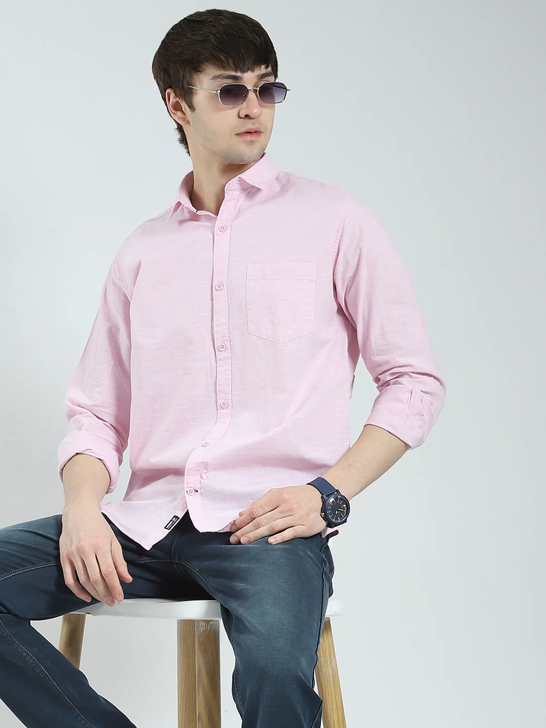 Men Pink Solid Collar Full Sleeve Shirt - Image 6