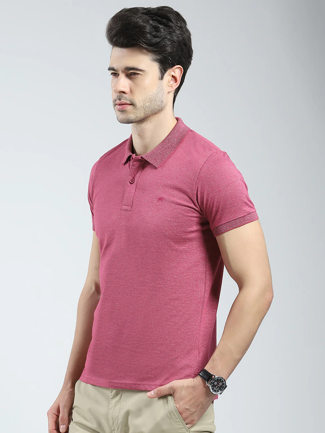 Men Pink Solid Collar Half Sleeve T-Shirt - Image 3