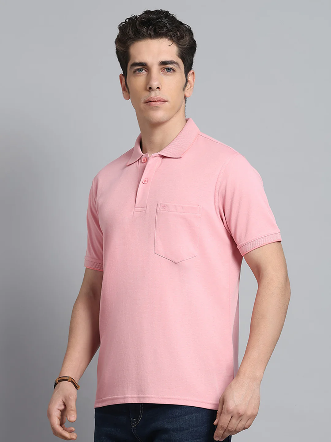 Men Pink Solid Collar Half Sleeve T-Shirt - Image 3