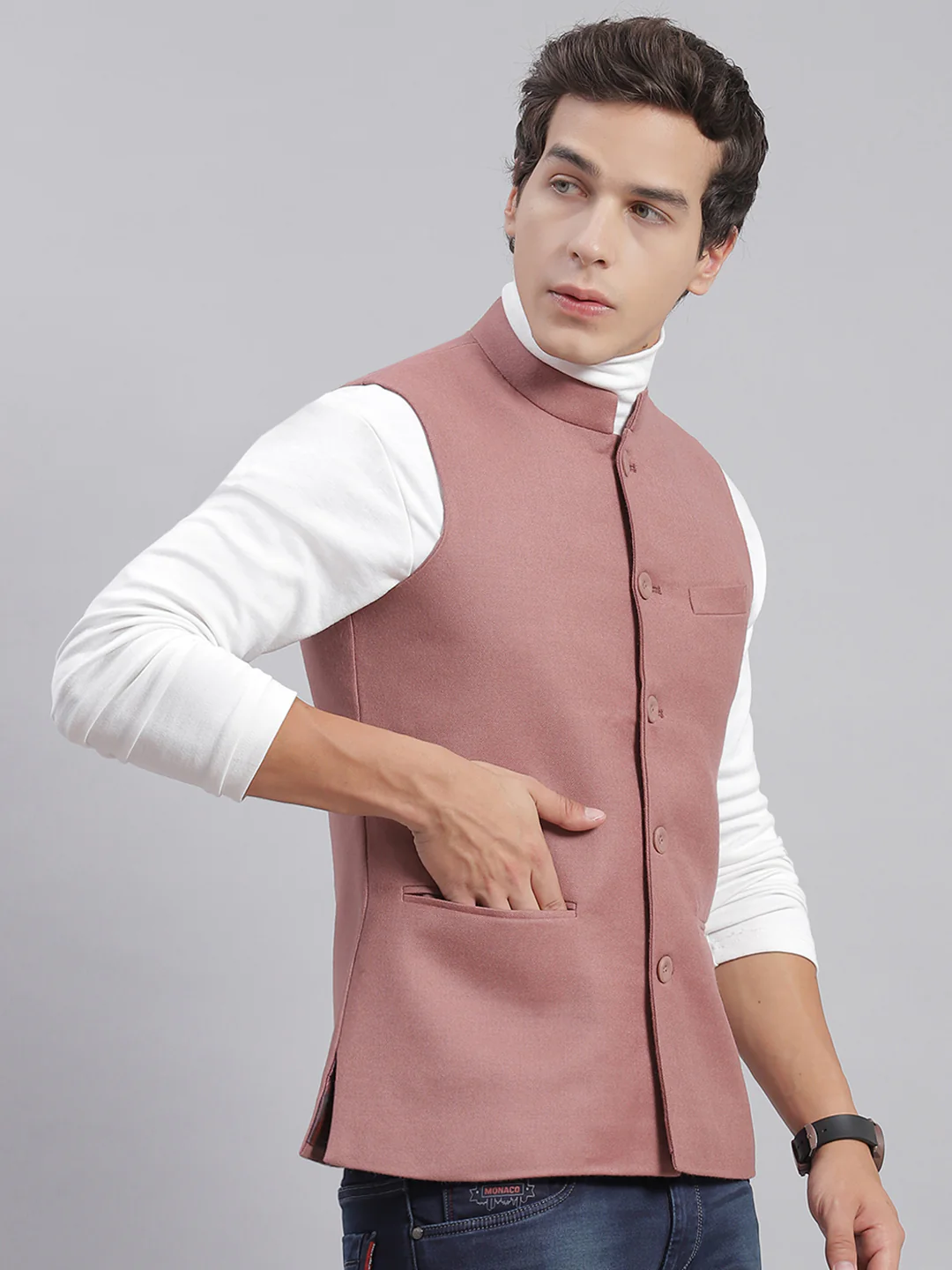 Men Pink Solid Mandarin Collar Sleeveless Nehru Jackets - Image 6