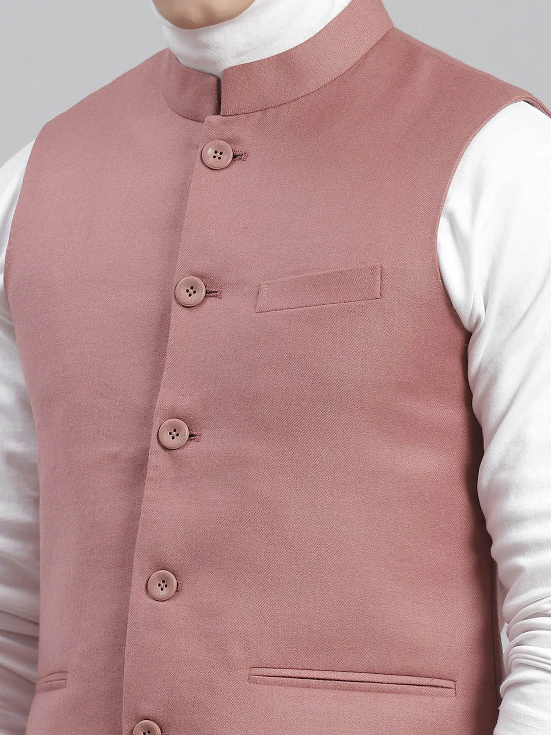 Men Pink Solid Mandarin Collar Sleeveless Nehru Jackets - Image 7