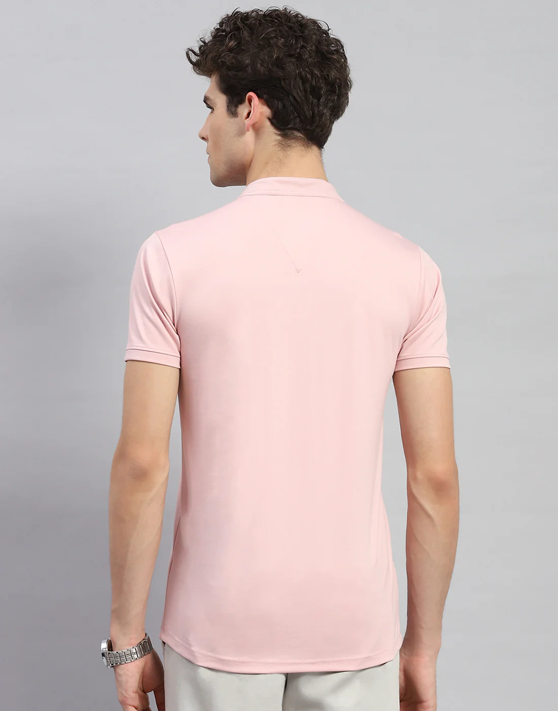 Men Pink Solid  Mandarin Neck Half Sleeve T-Shirt - Image 5