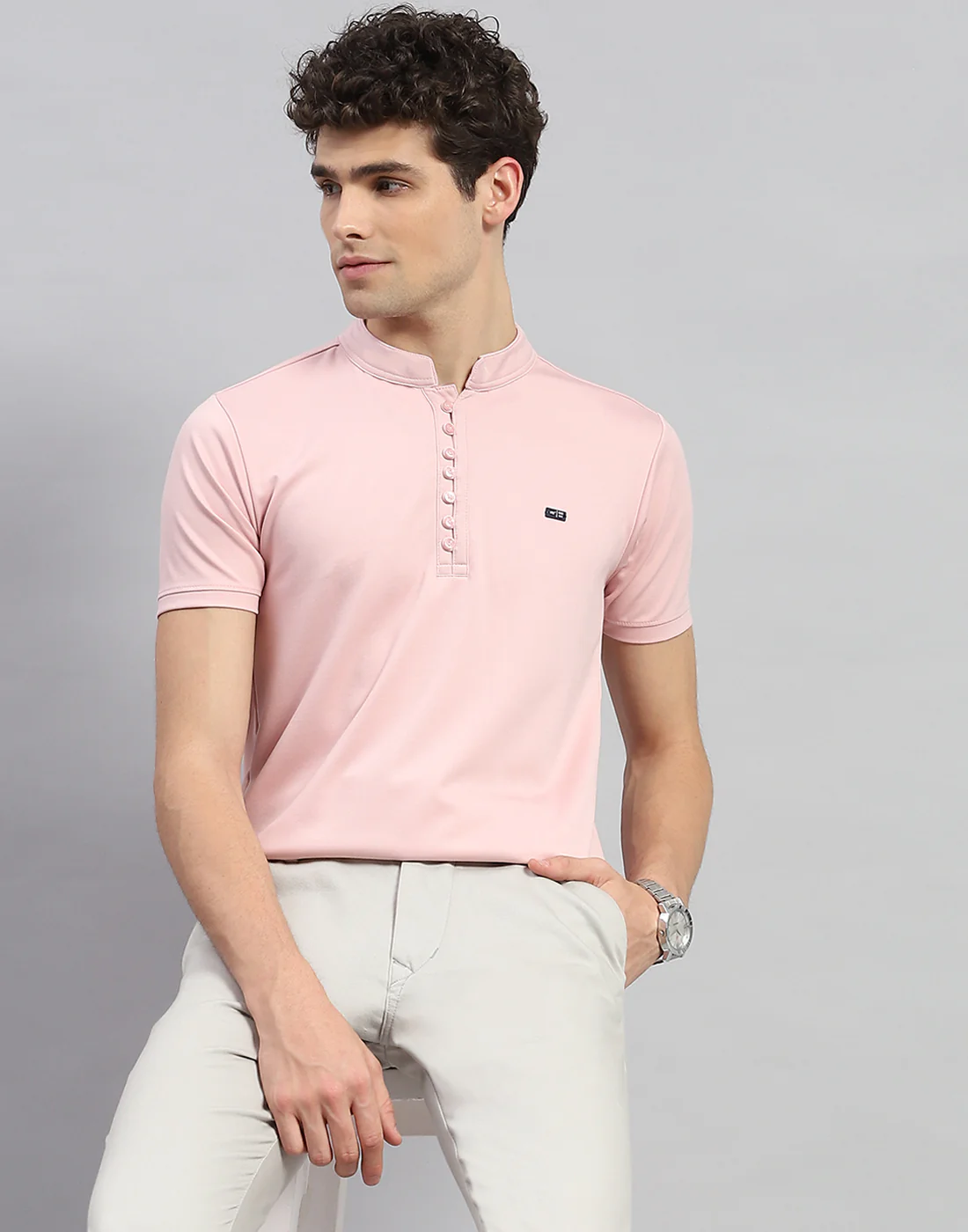Men Pink Solid  Mandarin Neck Half Sleeve T-Shirt - Image 6