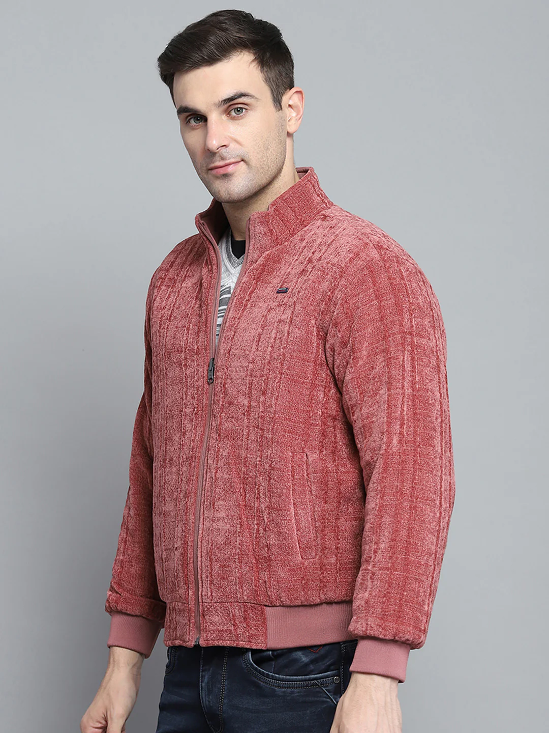 Men Pink Solid Mock Neck Full Sleeve Jacket - Image 4