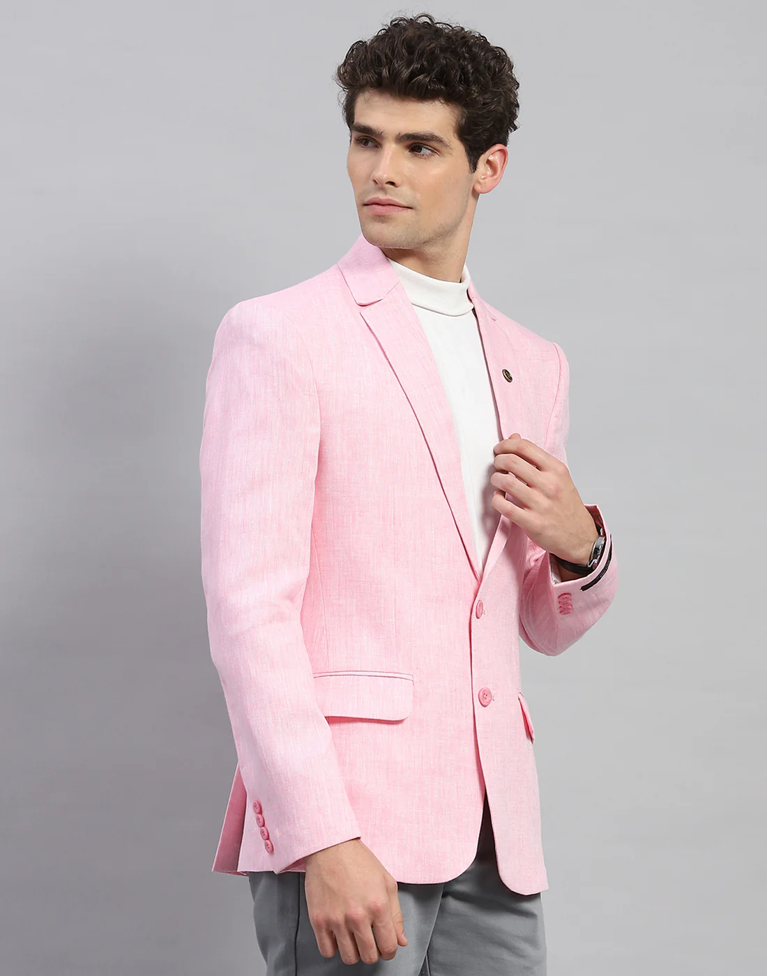 Men Pink Solid Notch Lapel Collar Full Sleeve Blazer - Image 4