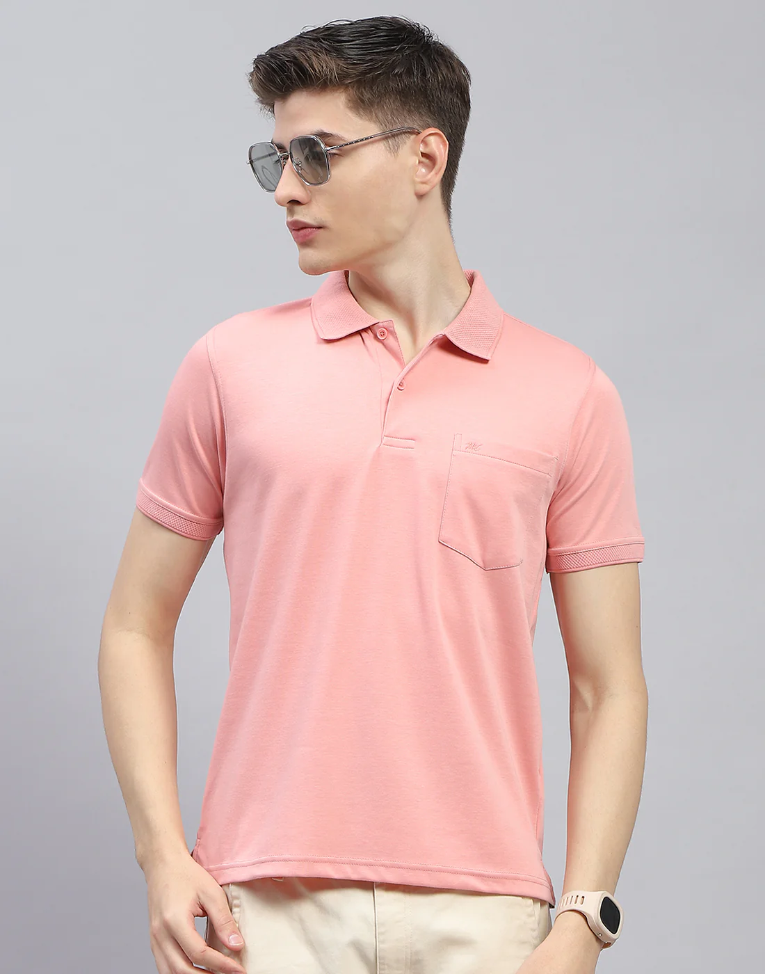 Men Pink Solid Polo Collar Half Sleeve T-Shirt - Image 3