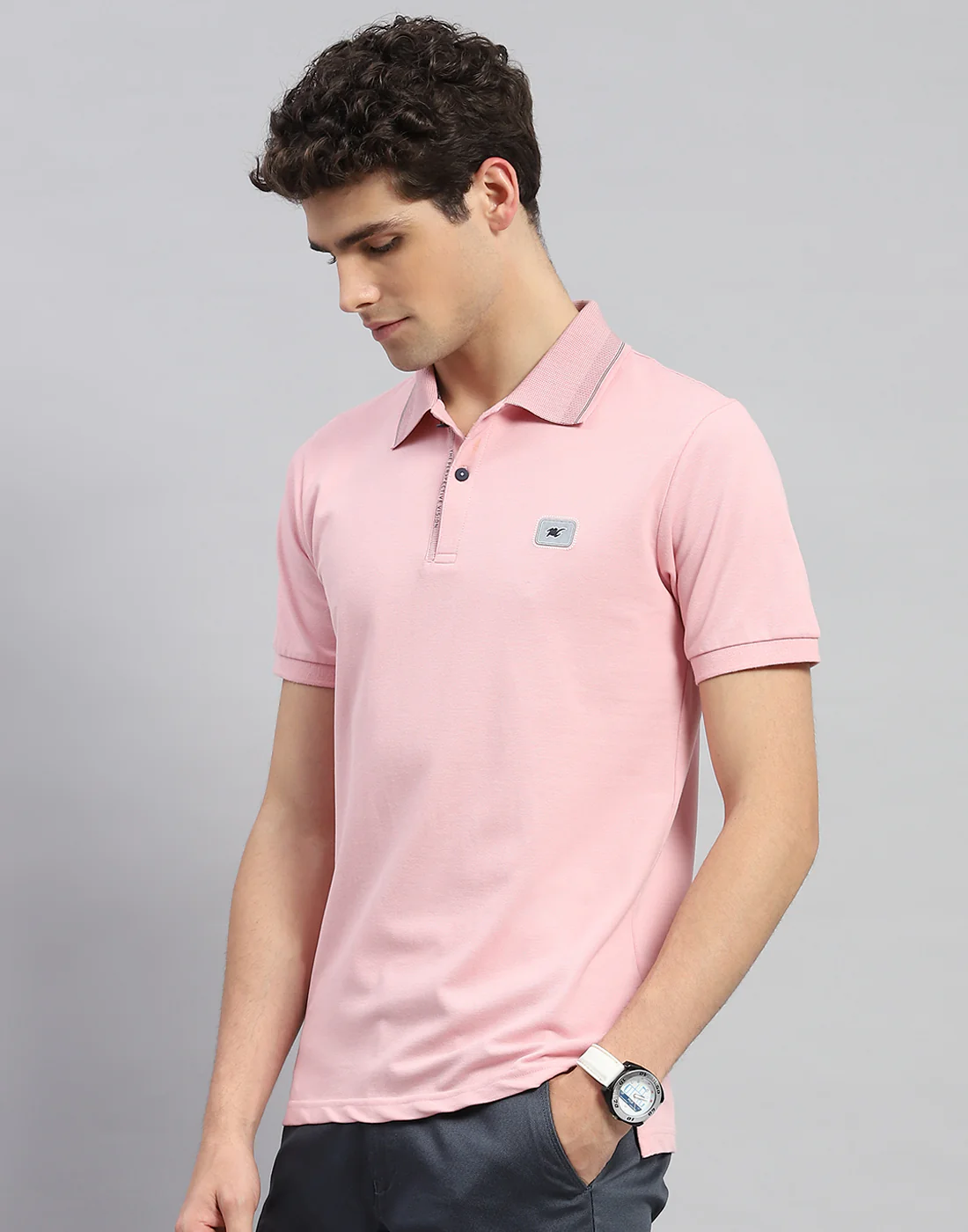 Men Pink Solid Polo Collar Half Sleeve T-Shirt - Image 3