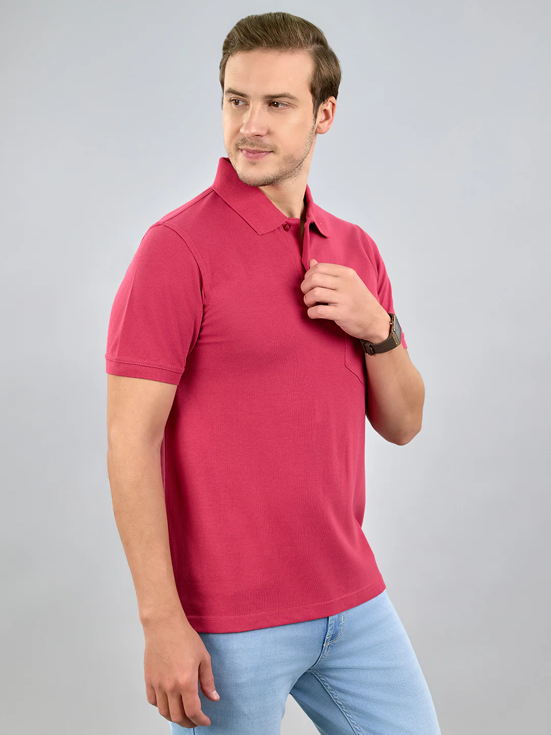 Men Pink Solid Polo Collar Half Sleeve T-Shirt - Image 3