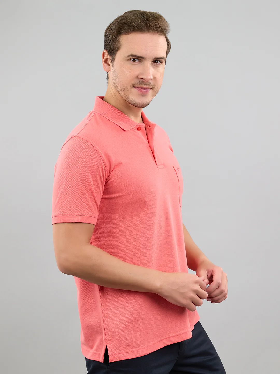 Men Pink Solid Polo Collar Half Sleeve T-Shirt - Image 2