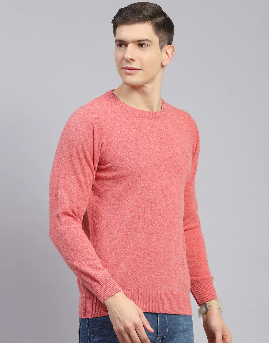 Men Pink Solid Round Neck Full Sleeve Pullover - Image 5