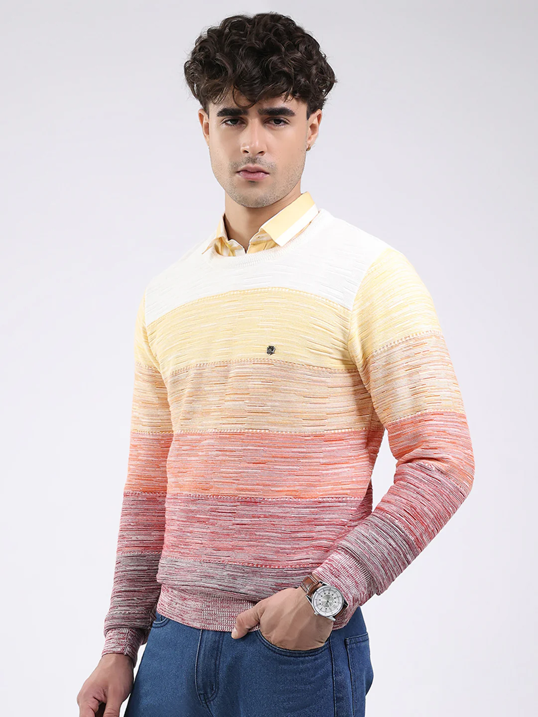 Men Pink Solid Round Neck Full Sleeve Pullover - Image 3