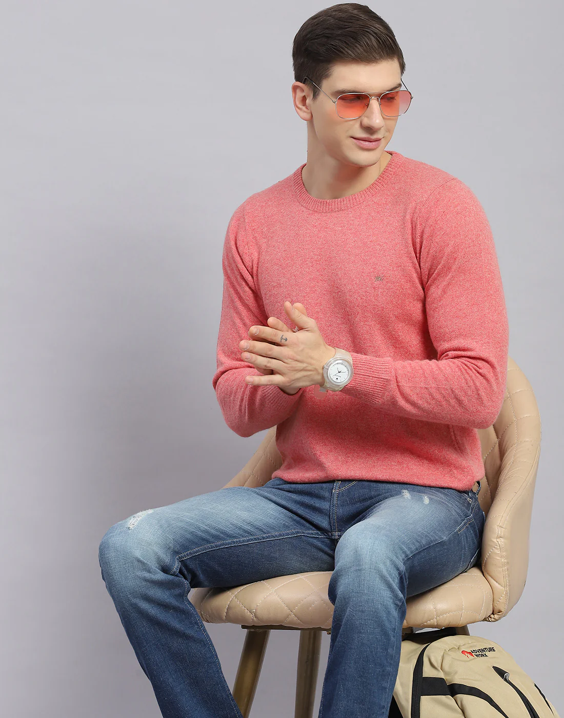 Men Pink Solid Round Neck Full Sleeve Sweater - Image 2