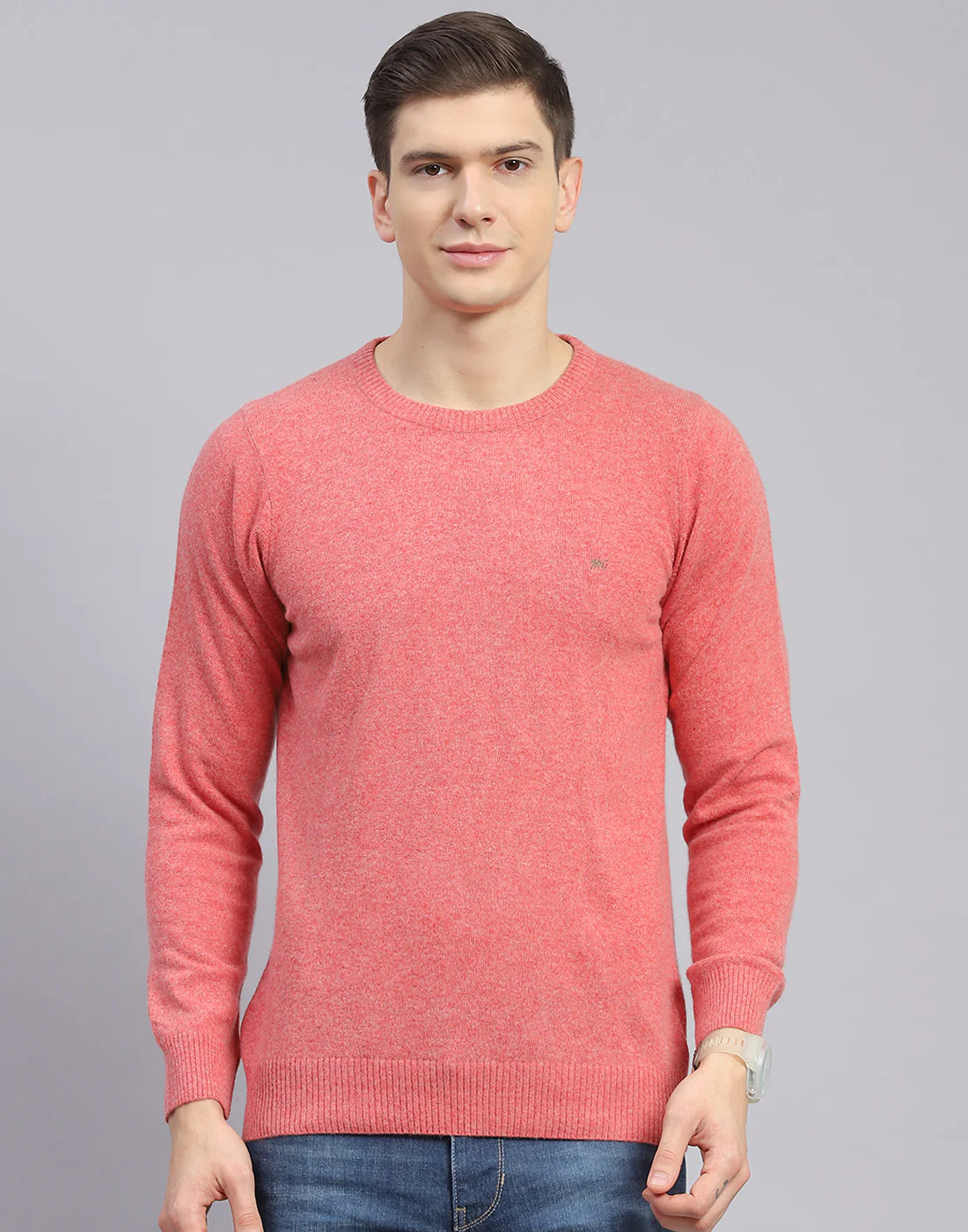 Men Pink Solid Round Neck Full Sleeve Sweater - Image 3