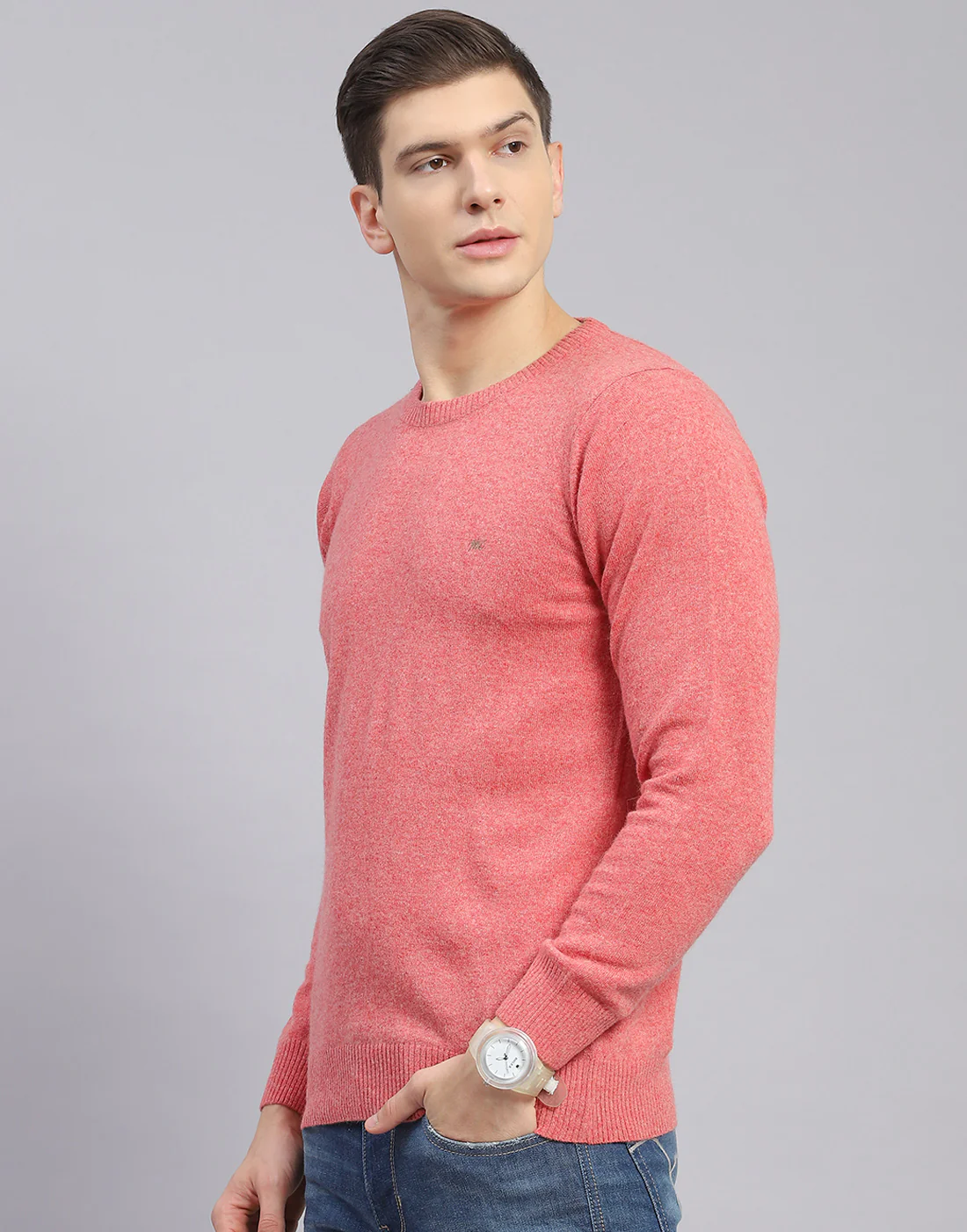 Men Pink Solid Round Neck Full Sleeve Sweater - Image 4