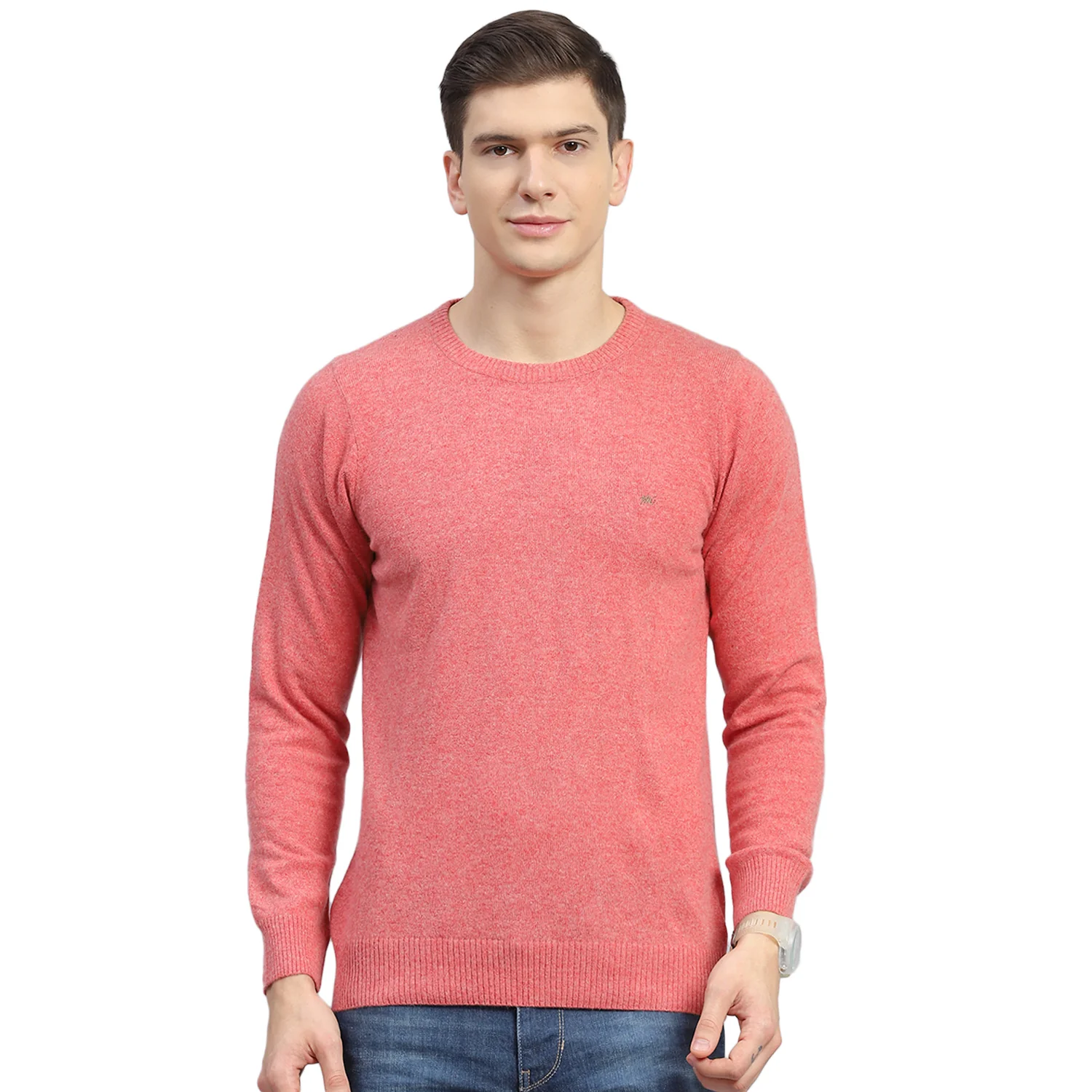 Men Pink Solid Round Neck Full Sleeve Sweater - Image 5