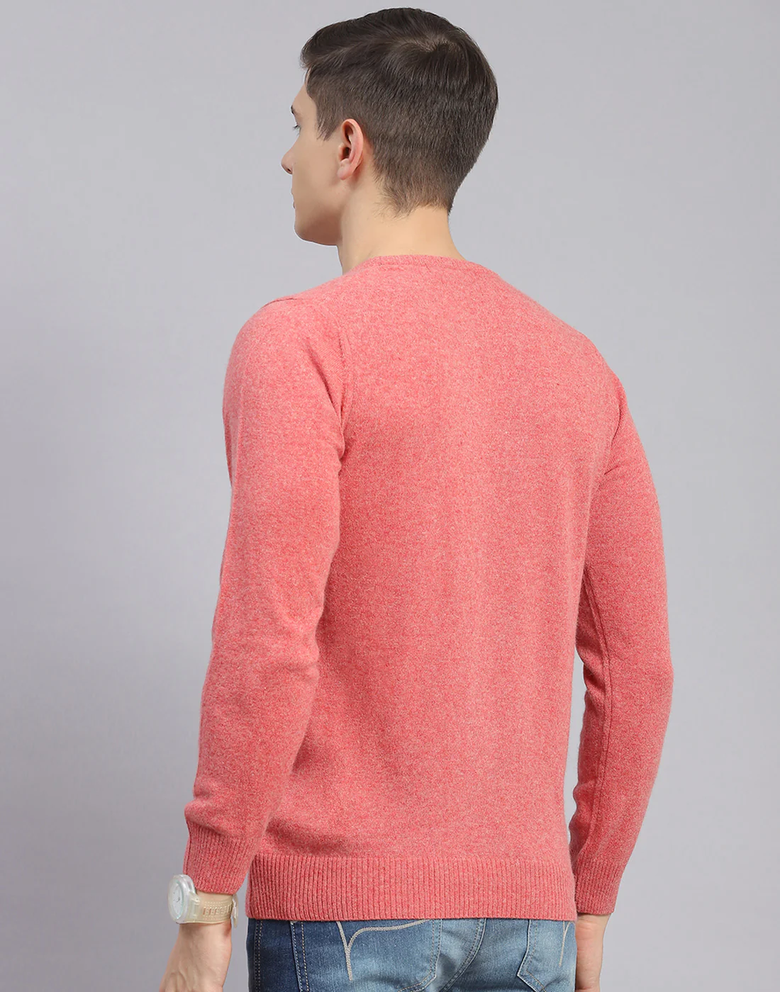 Men Pink Solid Round Neck Full Sleeve Sweater - Image 7