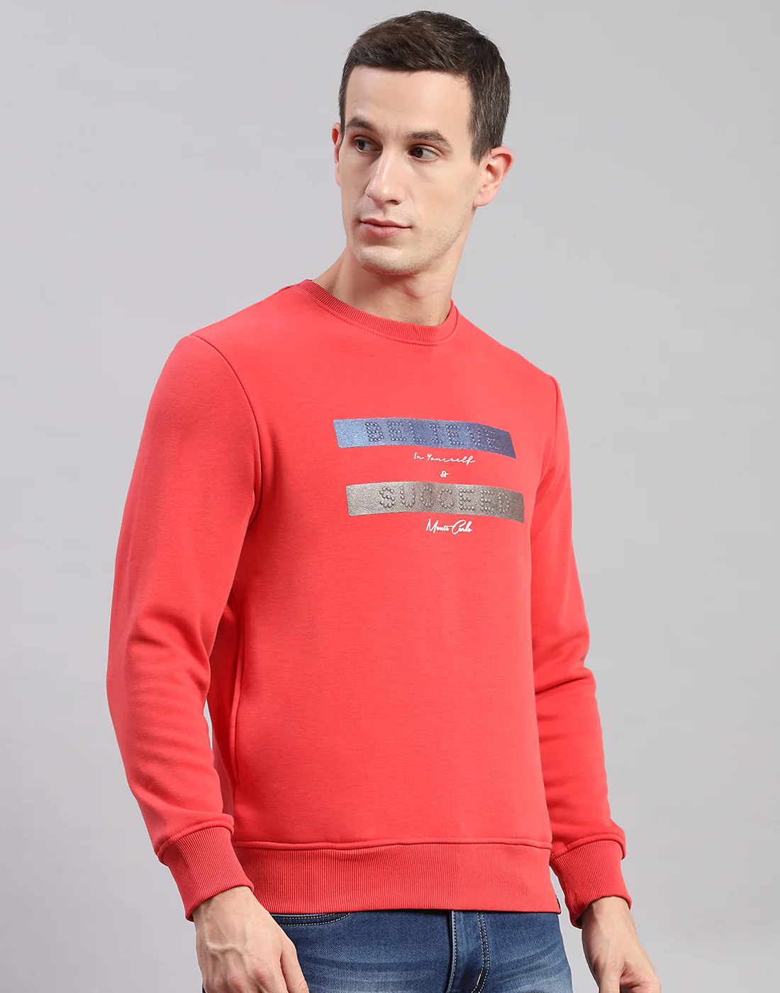Men Pink Solid Round Neck Full Sleeve Sweatshirts - Image 5