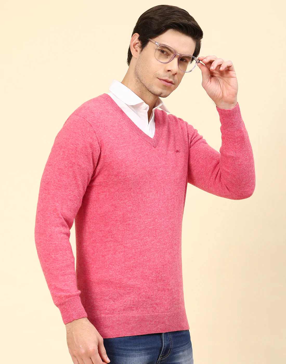 Men Pink Solid V Neck Full Sleeve Pullover - Image 4
