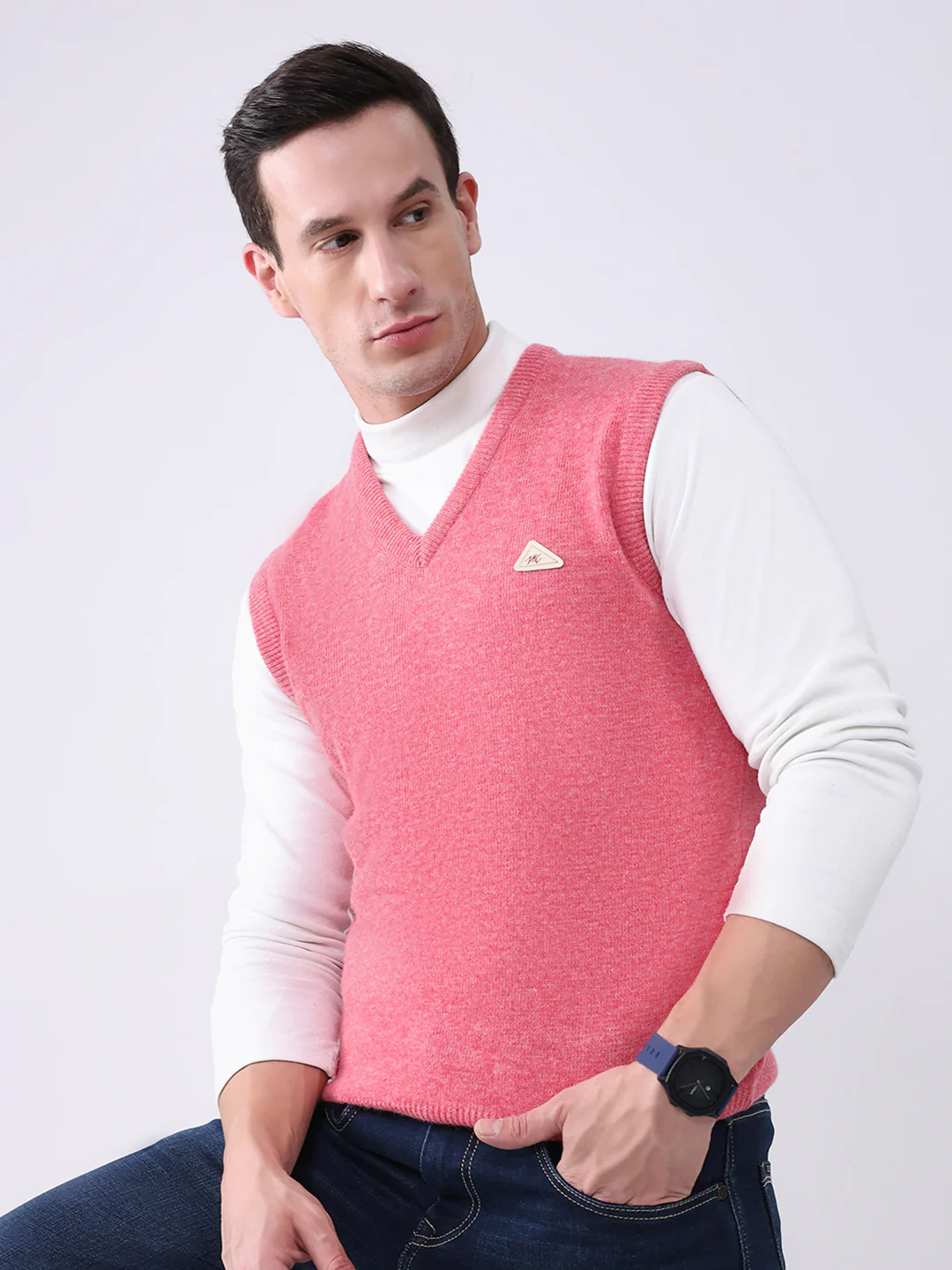 Men Pink Solid V Neck Sleeveless Sweater - Image 6