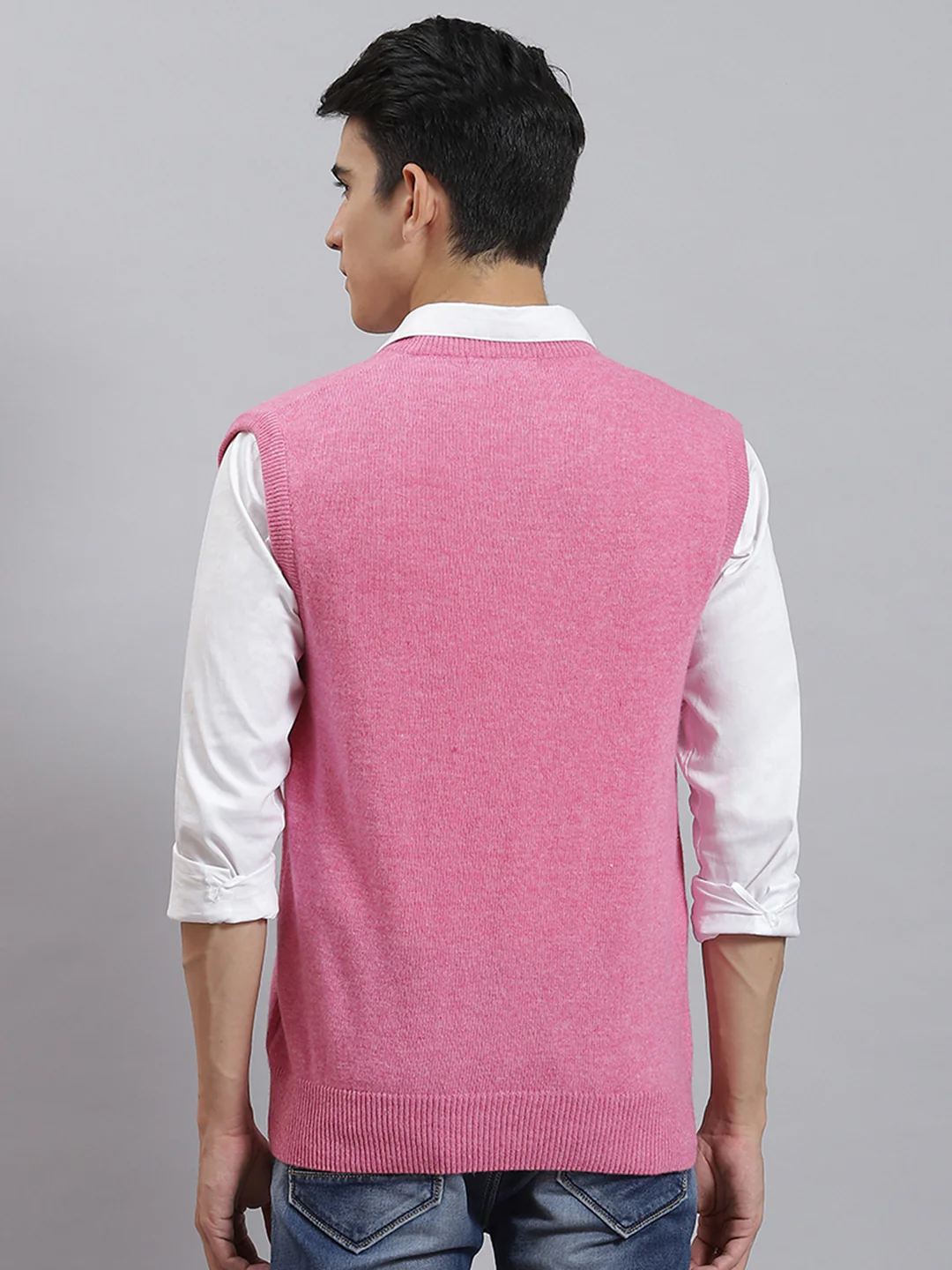 Men Pink Solid V Neck Sleeveless Sweaters/Pullovers - Image 5